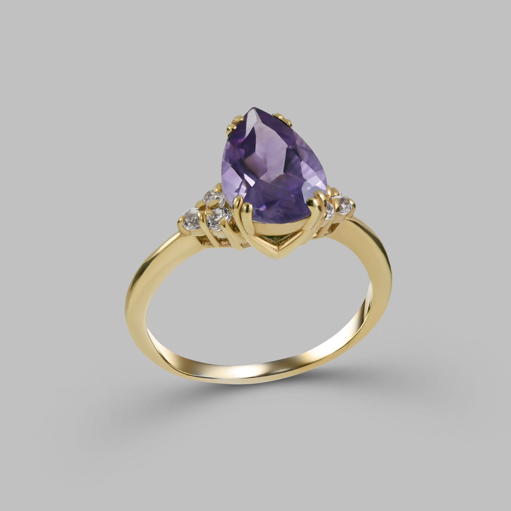 Purple Amethyst Ring - February Birthstone - Pear-Shaped Purple Amethyst Gemstone Statement Engagement Ring with Clear Quartz Accents