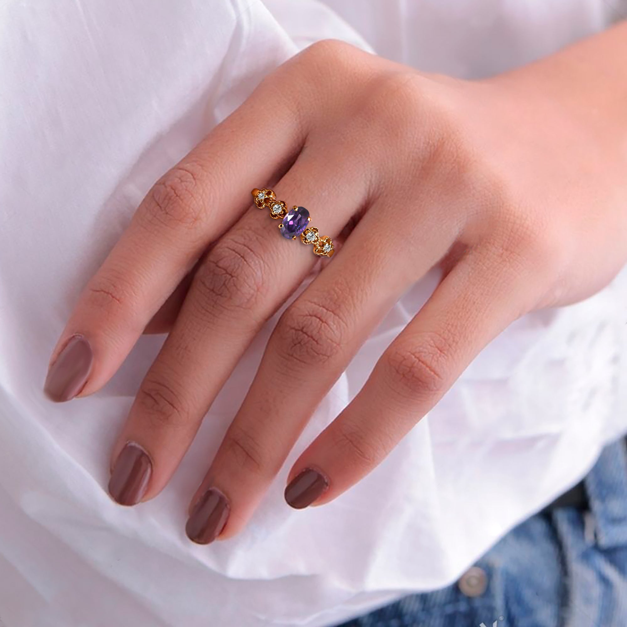 Purple Amethyst Ring - February Birthstone - Oval Purple Amethyst Gemstone Flower Setting Delicate Ring with Clear Quartz Accents