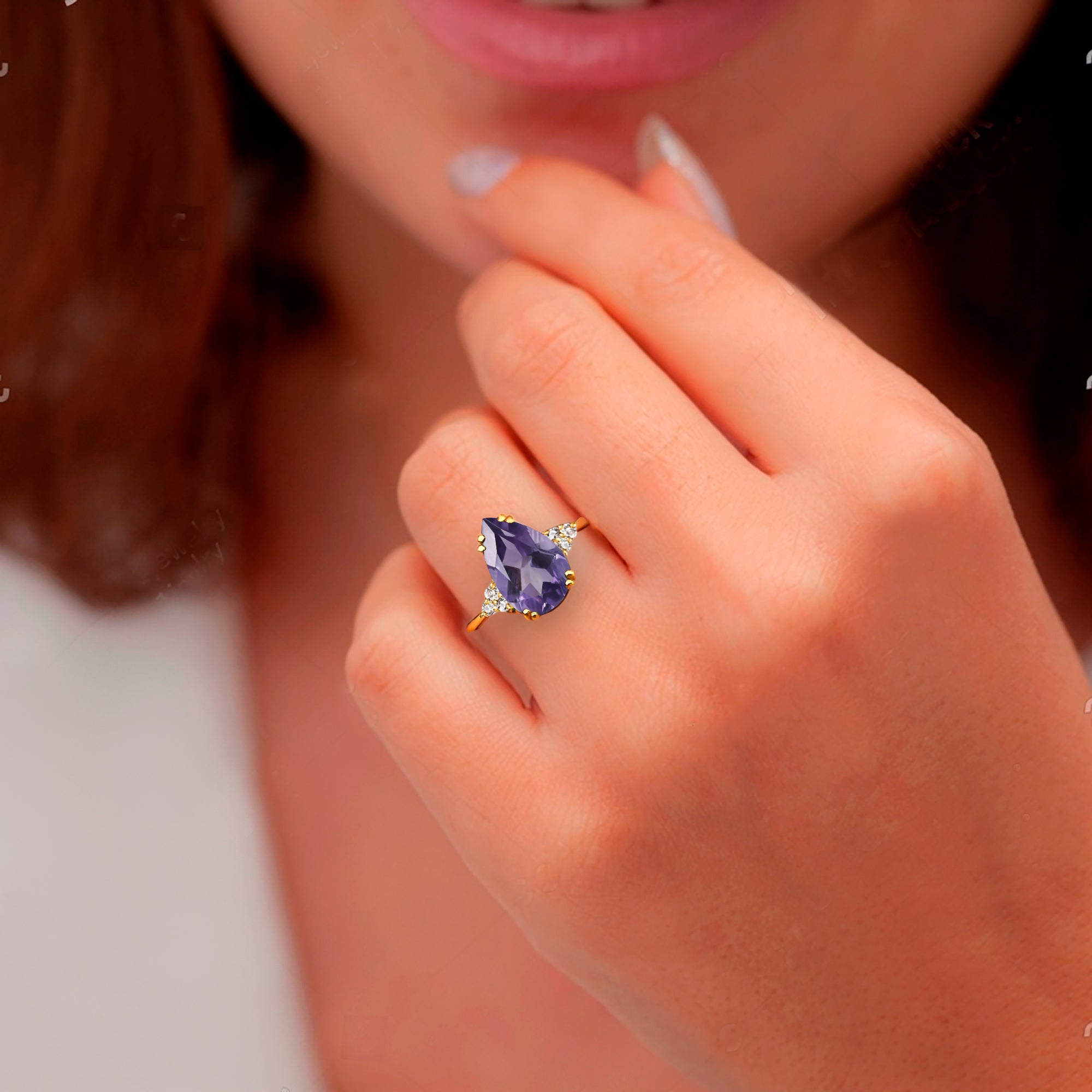 Purple Amethyst Ring - February Birthstone - Pear-Shaped Purple Amethyst Gemstone Statement Engagement Ring with Clear Quartz Accents