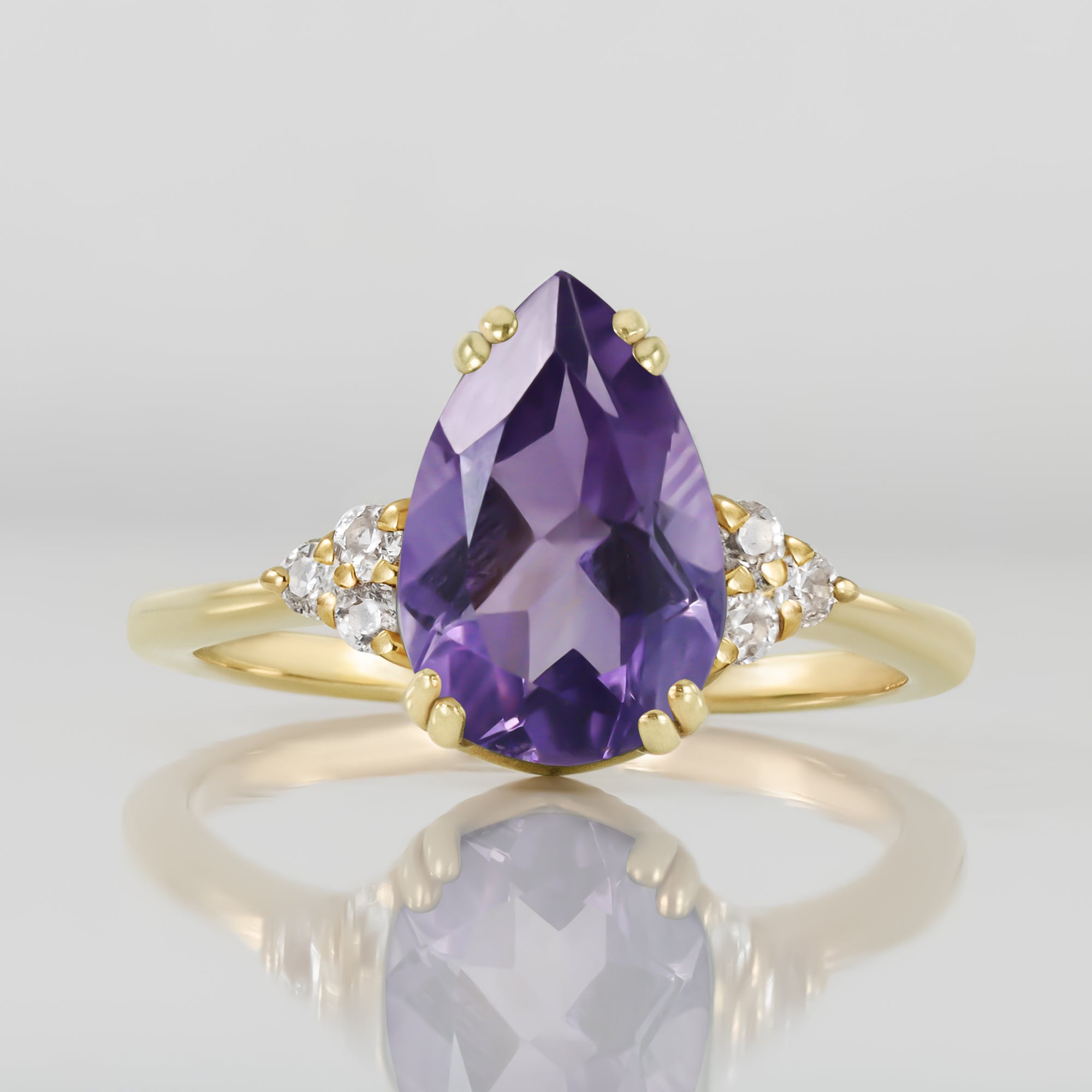 Purple Amethyst Ring - February Birthstone - Pear-Shaped Purple Amethyst Gemstone Statement Engagement Ring with Clear Quartz Accents