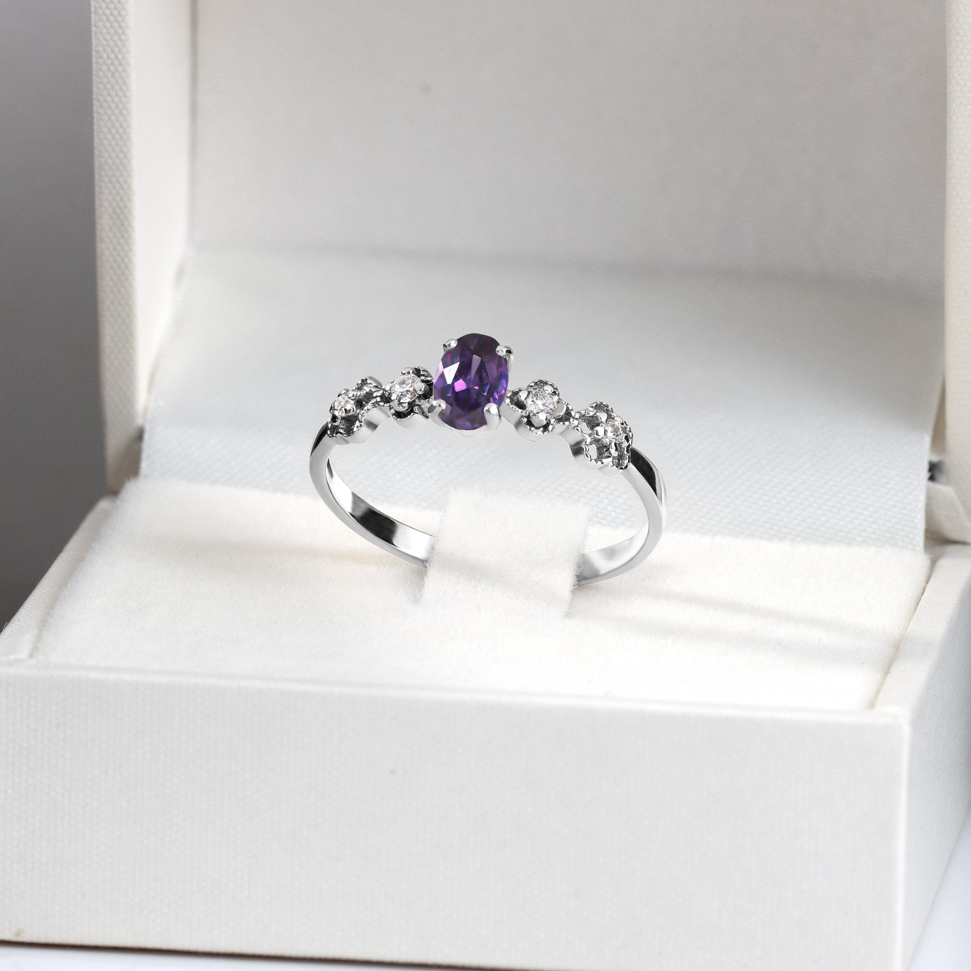 Purple Amethyst Ring - February Birthstone - Oval Purple Amethyst Gemstone Flower Setting Delicate Ring with Clear Quartz Accents