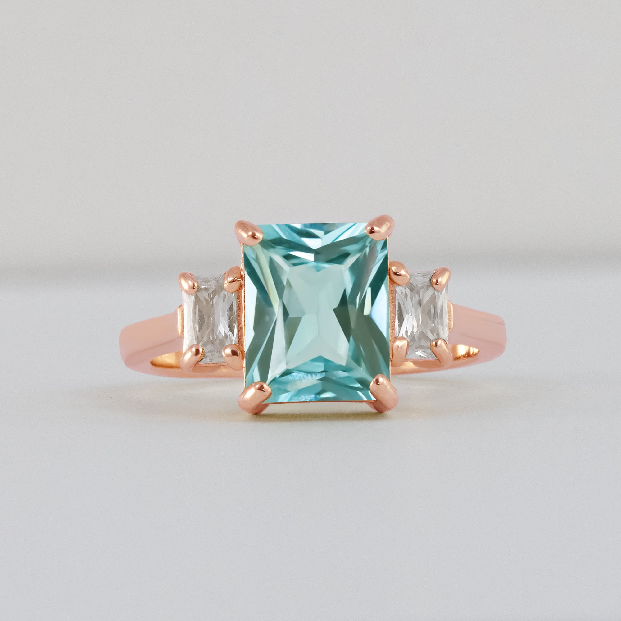 Aquamarine Ring - March Birthstone - Statement Engagement Ring with Octagon Aquamarine Gemstone and Clear Quartz Accents