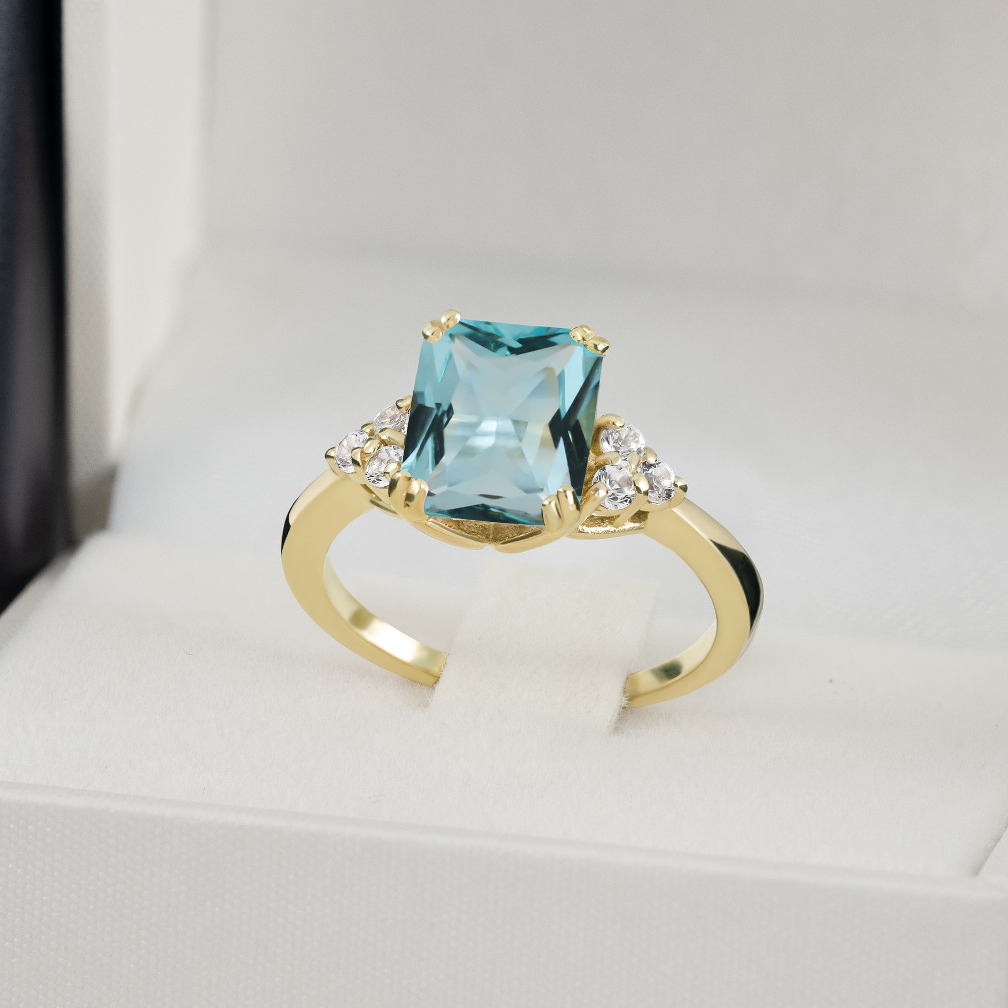 Aquamarine Ring - March Birthstone - Octagon Aquamarine Gemstone Statement Engagement Ring with Clear Quartz Accents