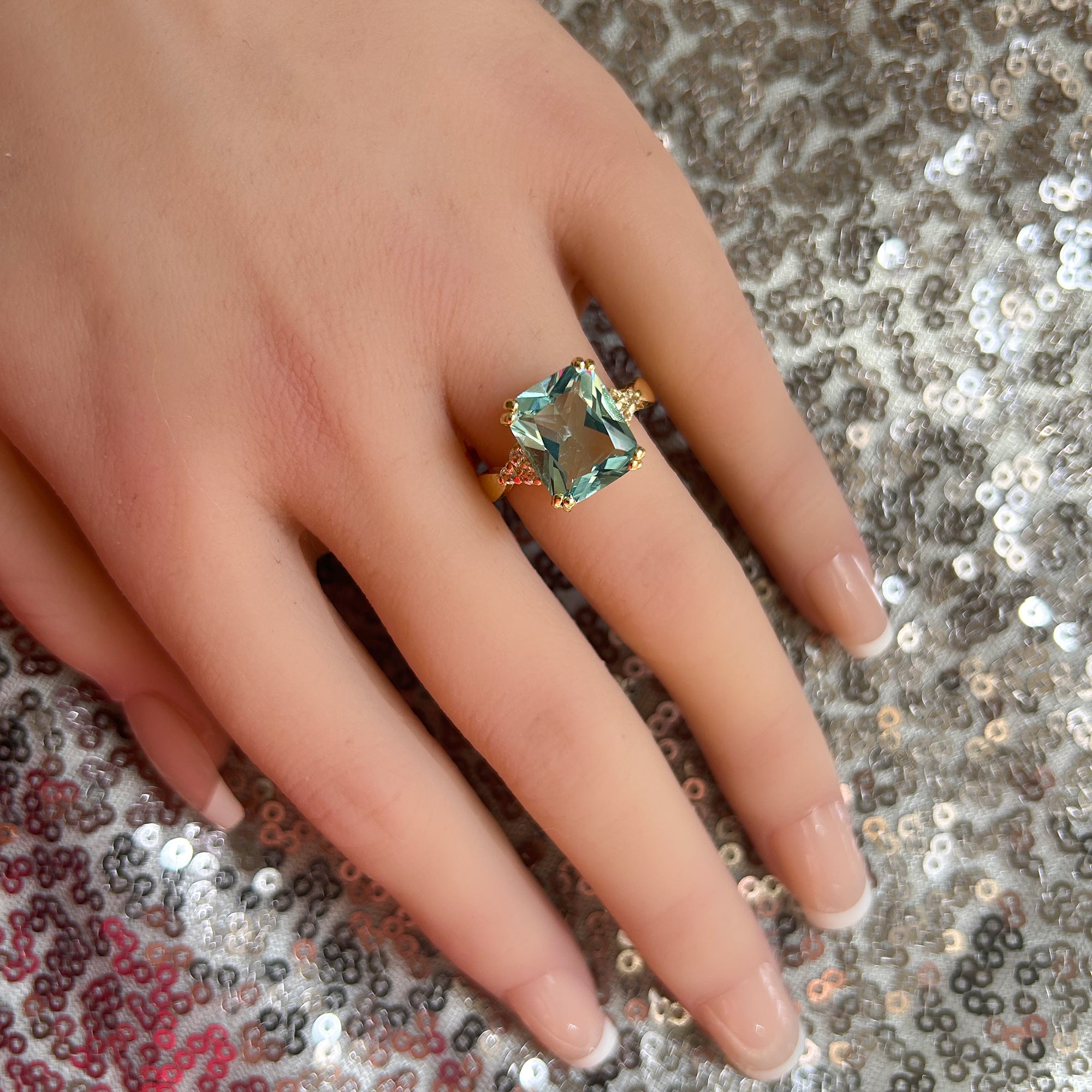 Aquamarine Ring - March Birthstone - Statement Engagement Ring with Octagon Aquamarine Gemstone and Clear Quartz Accents