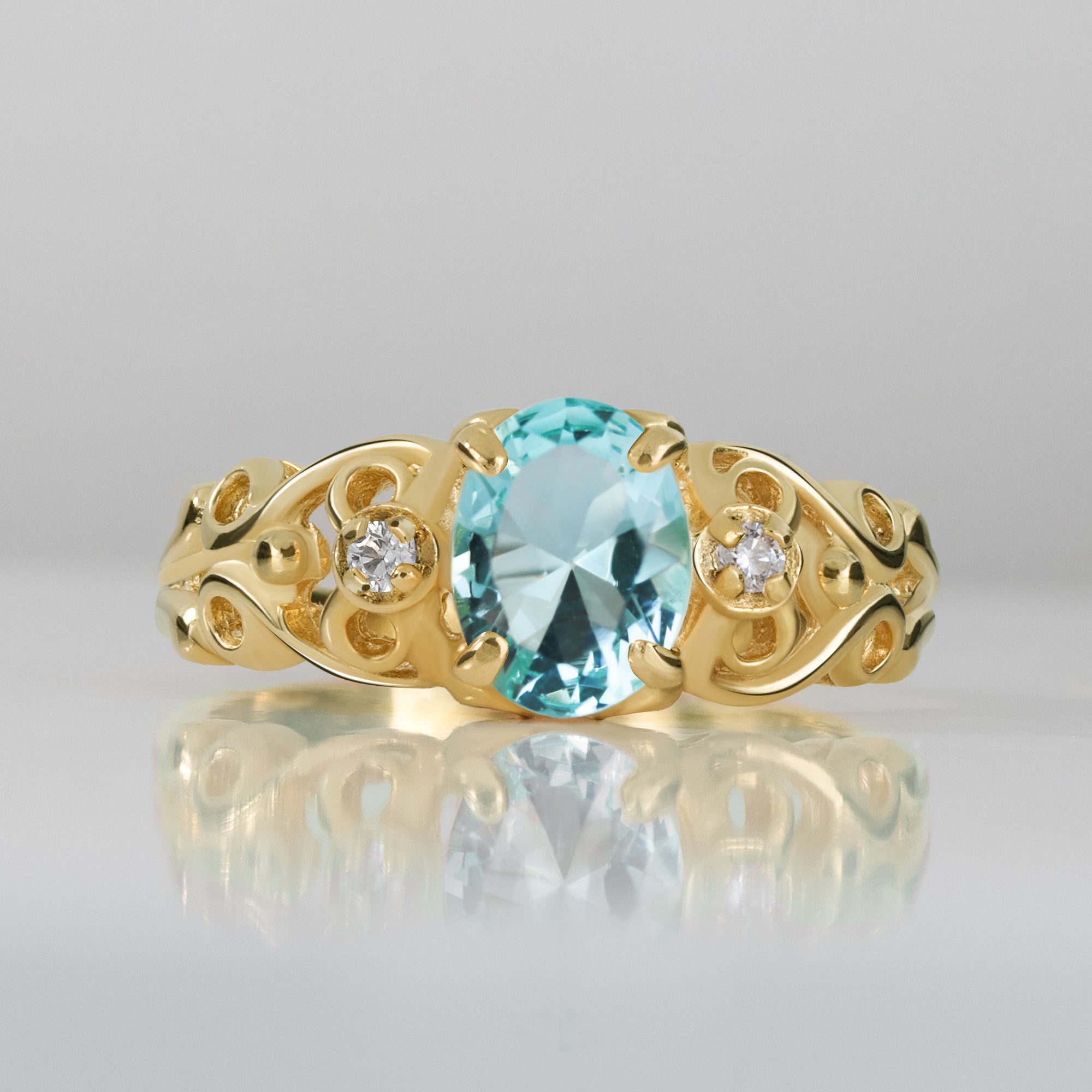 Aquamarine Ring - March Birthstone - Oval Aquamarine Gemstone Lace Ring with Clear Quartz Accents