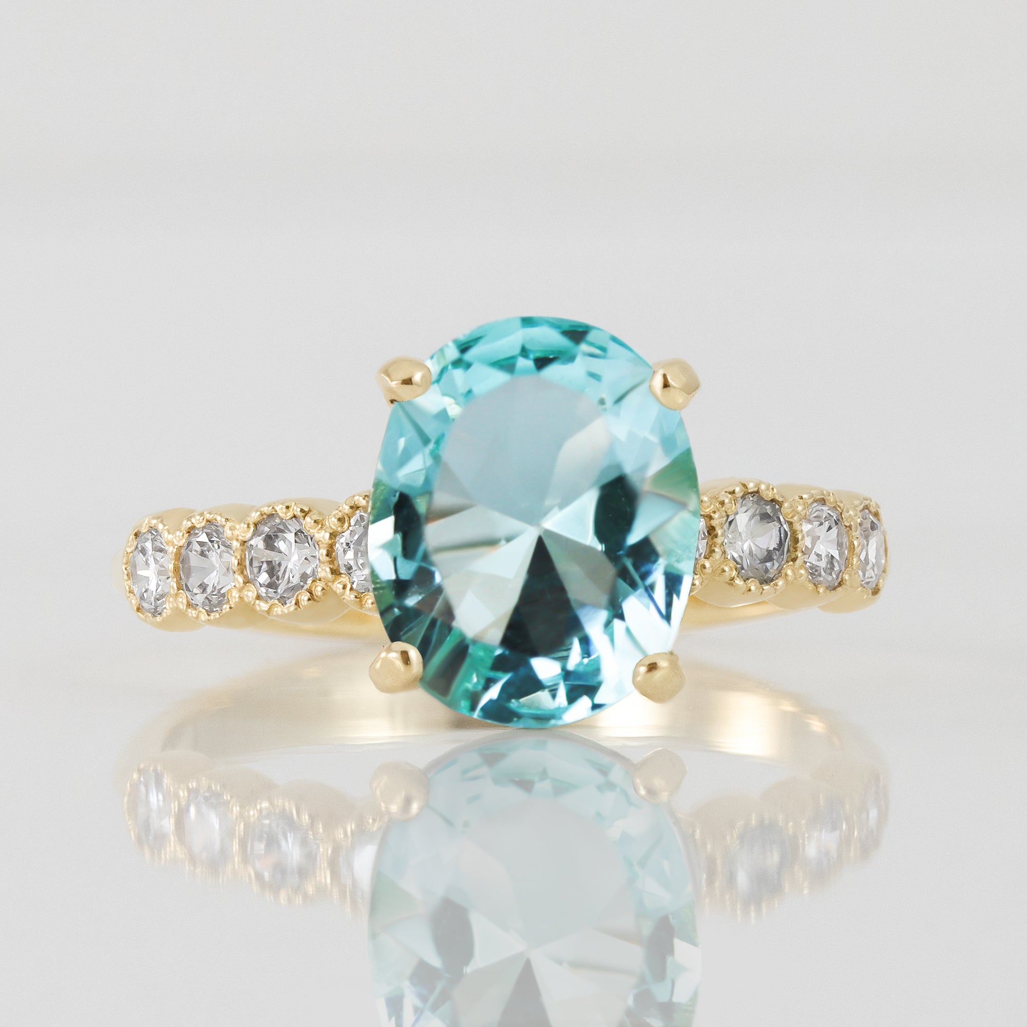 Aquamarine Ring - March Birthstone - Oval Aquamarine Gemstone Statement Engagement Ring with Clear Quartz Accents