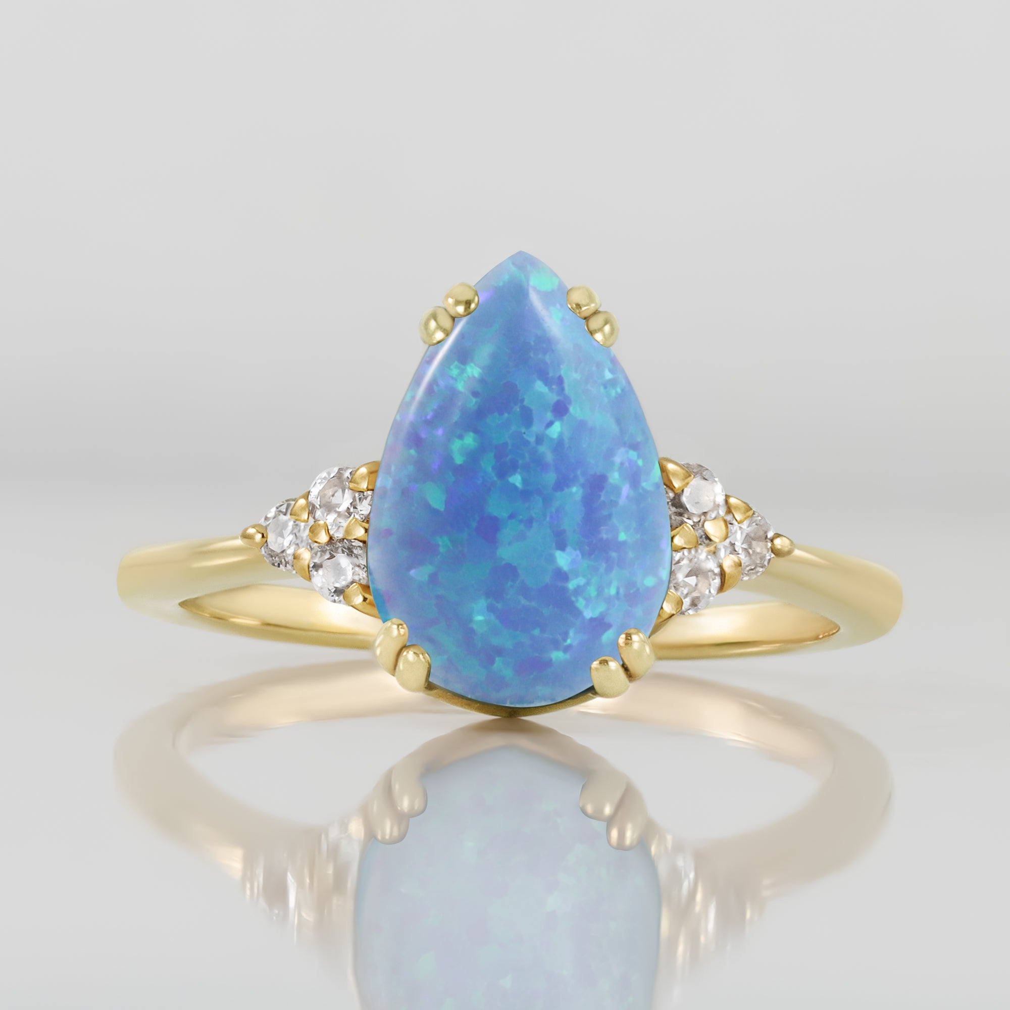 Blue Opal Ring - October Birthstone - Pear-Shaped Blue Opal Gemstone Statement Engagement Ring with Clear Quartz Accents