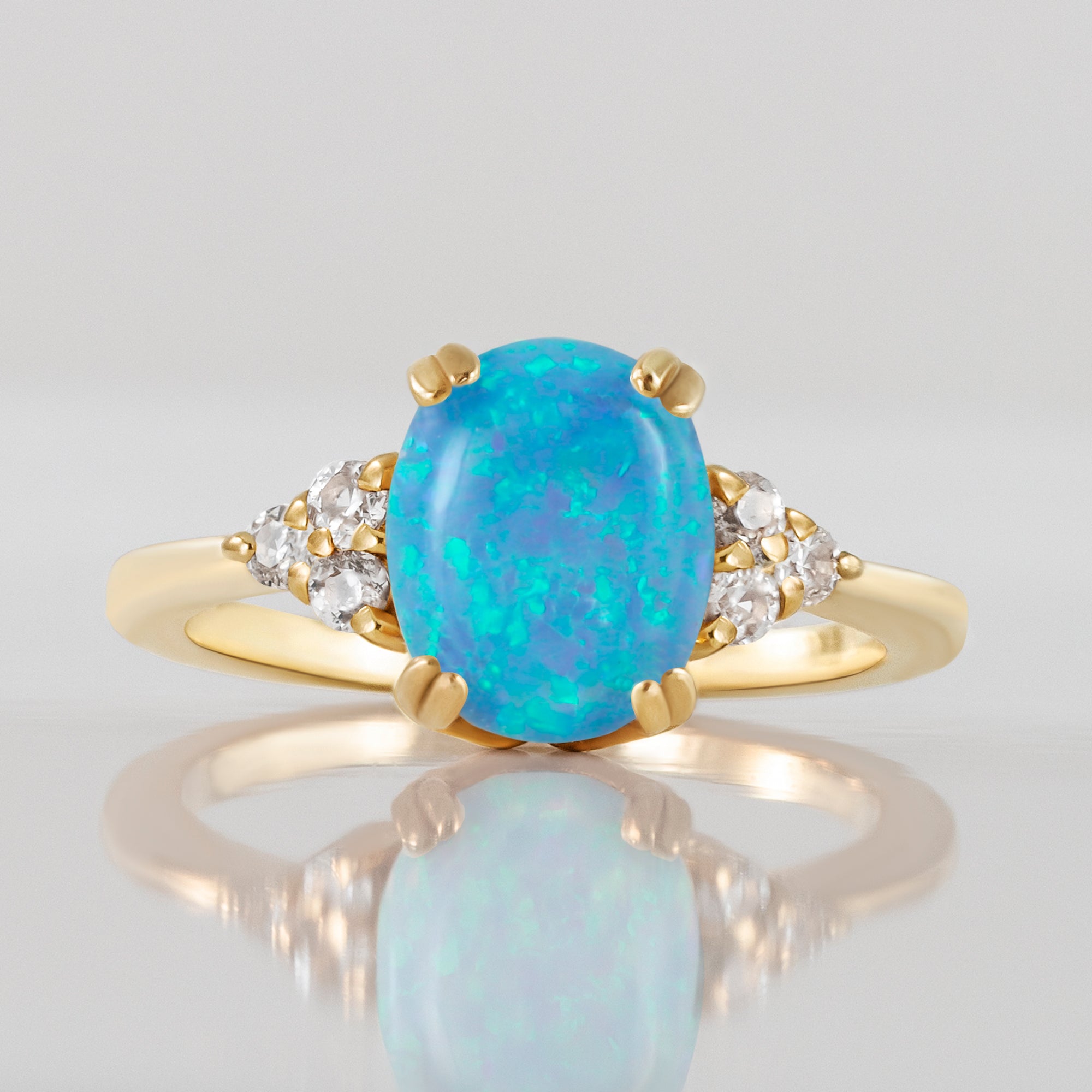 Blue Opal Ring - October Birthstone - Oval Blue Opal Gemstone Statement Engagement Ring with Clear Quartz Accents