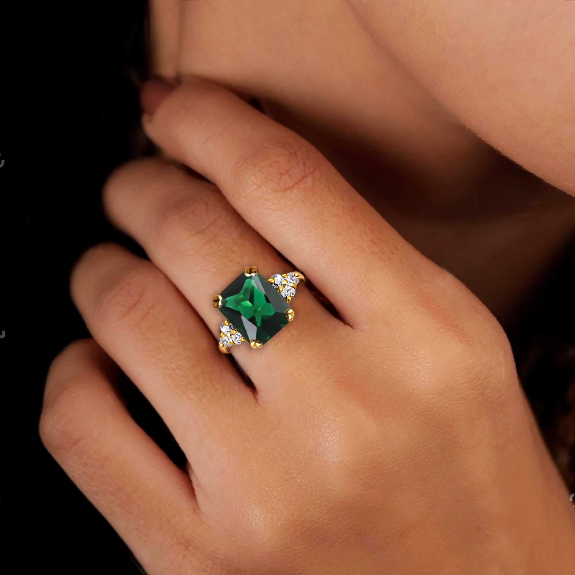 Emerald Ring - May Birthstone - Octagon Emerald Gemstone Statement Engagement Ring with Clear Quartz Accents