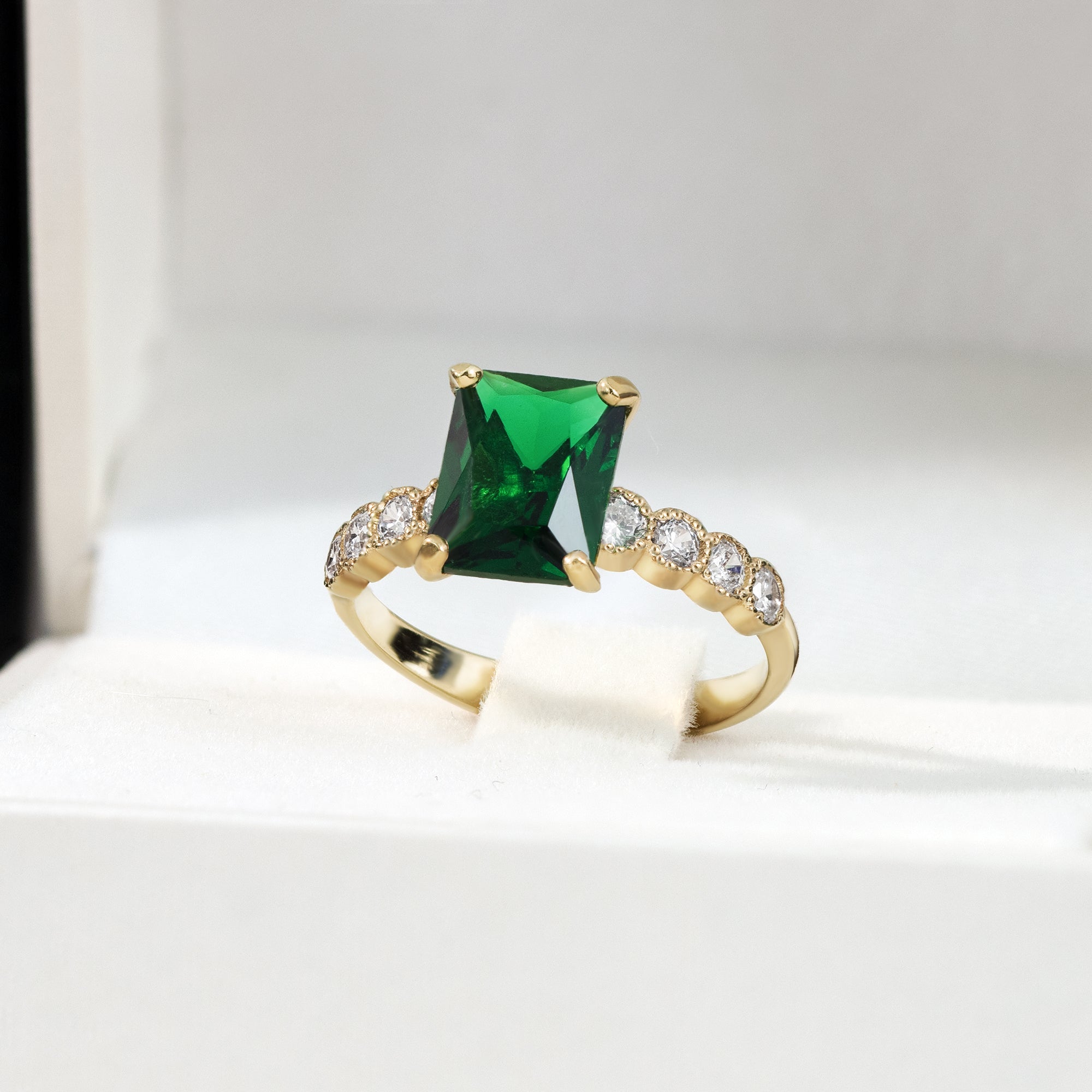 Emerald Ring - May Birthstone - Octagon Emerald Gemstone Statement Engagement Ring with Clear Quartz Accents