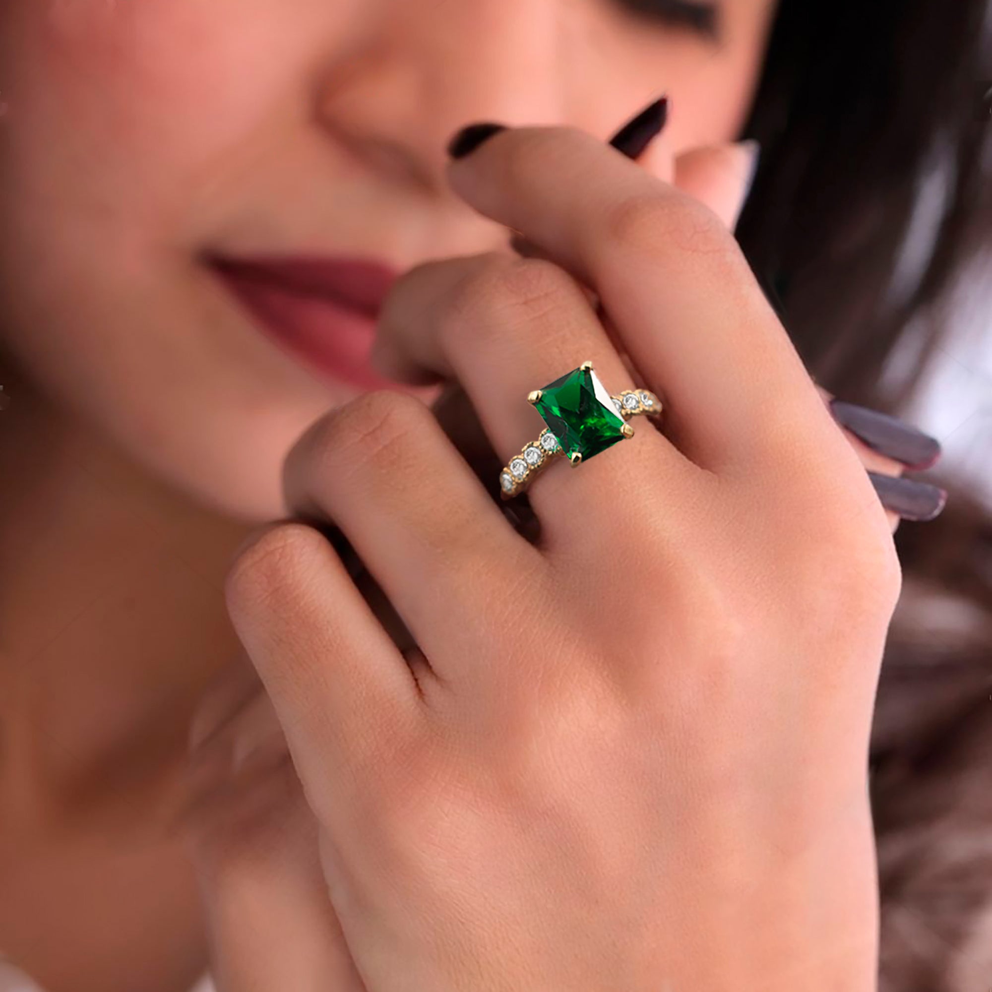 Emerald Ring - May Birthstone - Octagon Emerald Gemstone Statement Engagement Ring with Clear Quartz Accents