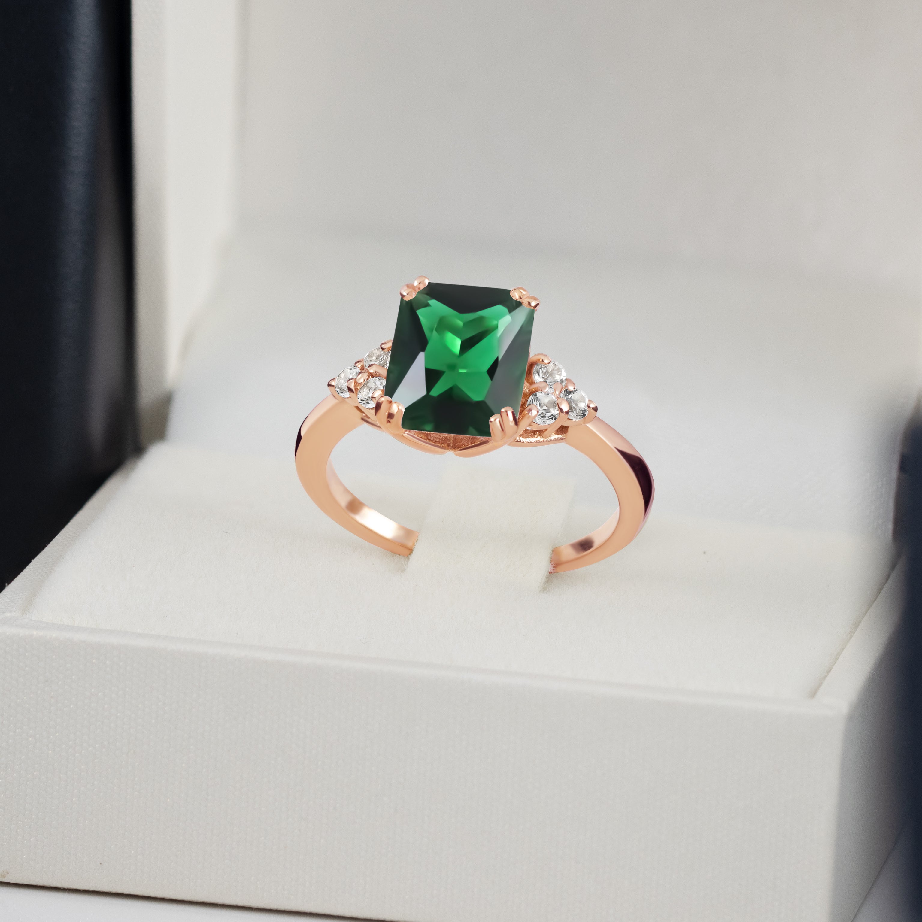 Emerald Ring - May Birthstone - Octagon Emerald Gemstone Statement Engagement Ring with Clear Quartz Accents