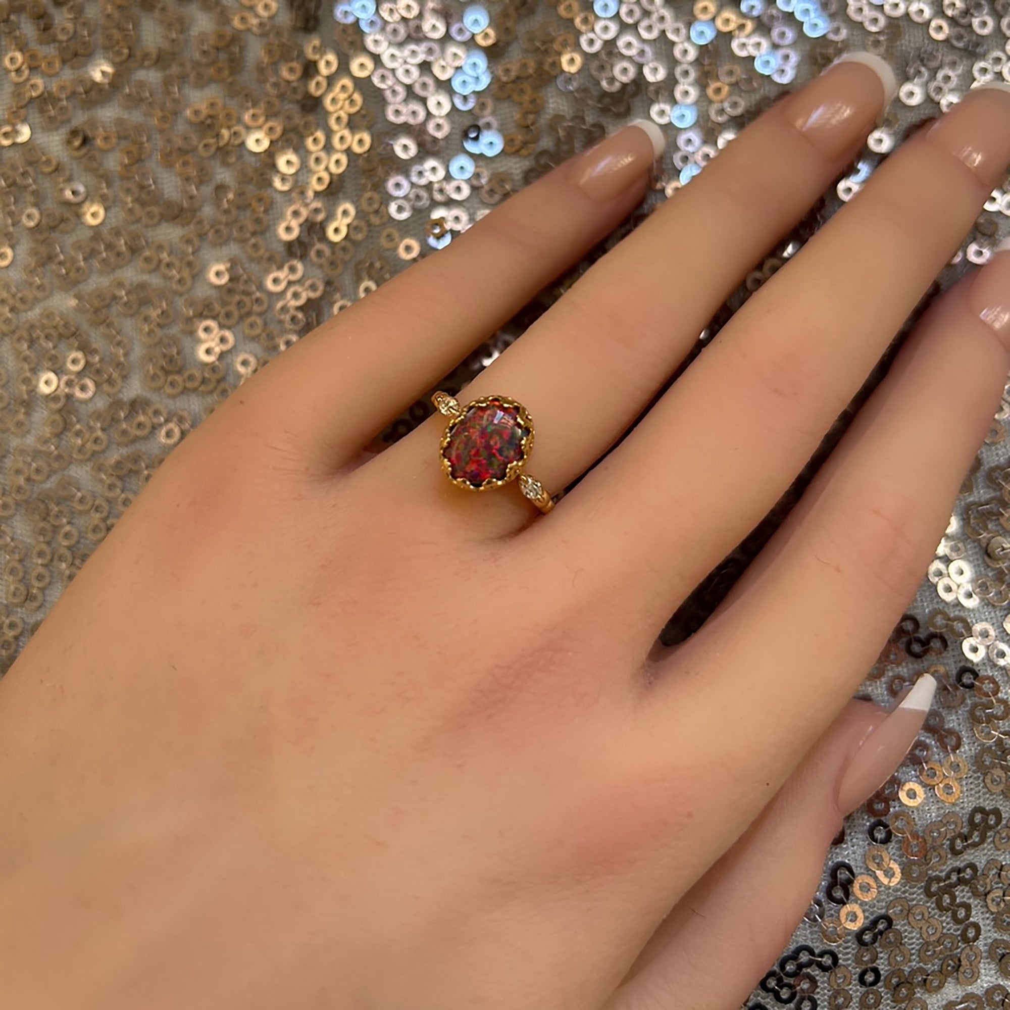 Fire Opal Ring - Statement Oval Vintage Crown Ring with Fire Opal