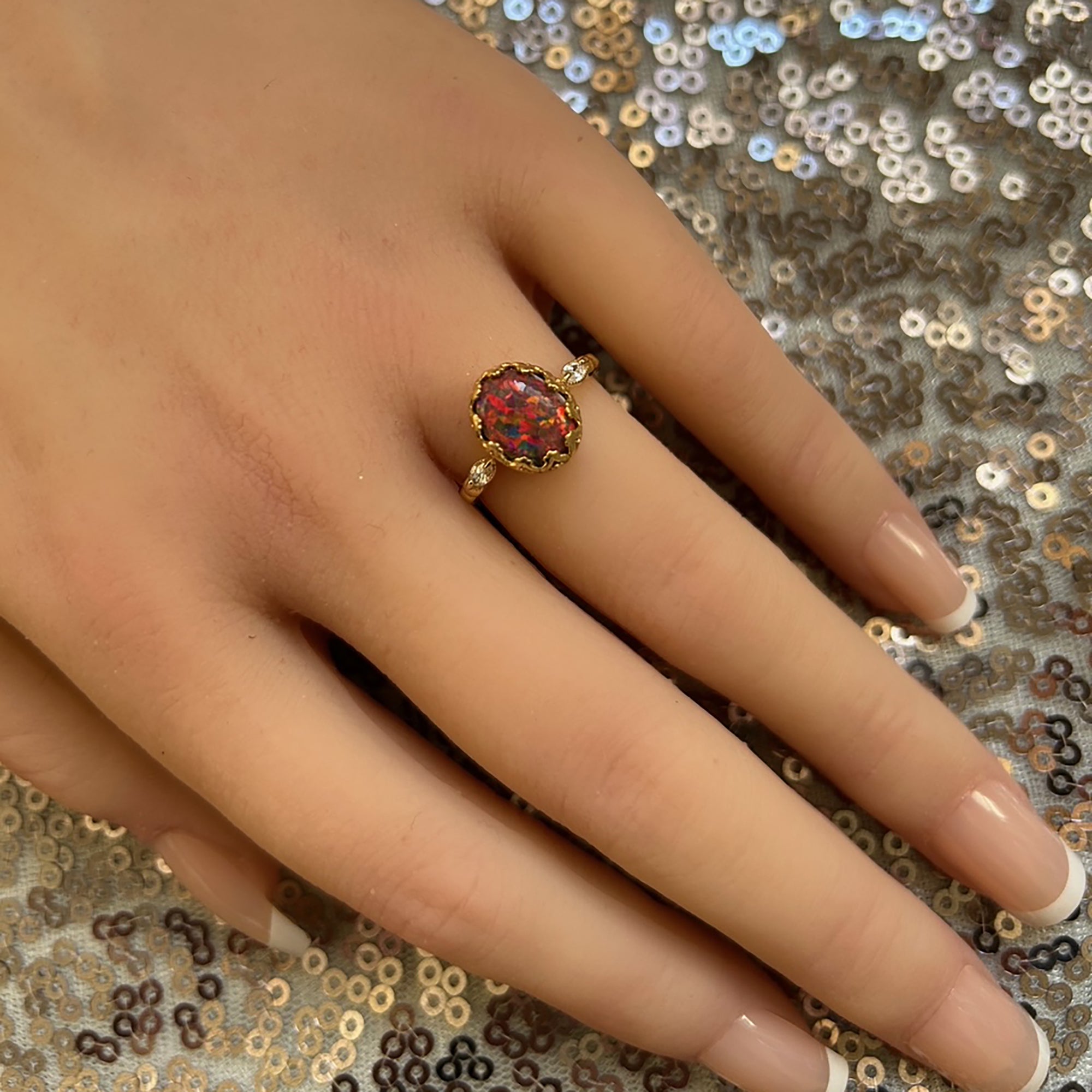 Fire Opal Ring - Statement Oval Vintage Crown Ring with Fire Opal