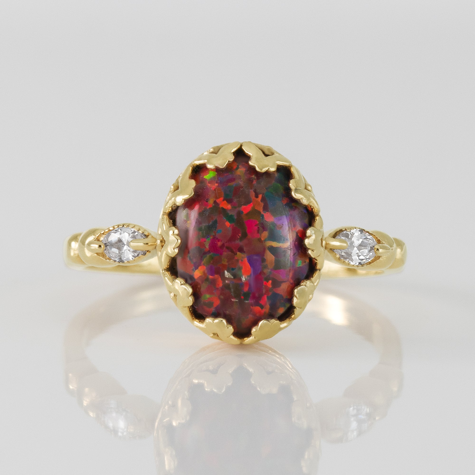 Fire Opal Ring - Statement Oval Vintage Crown Ring with Fire Opal