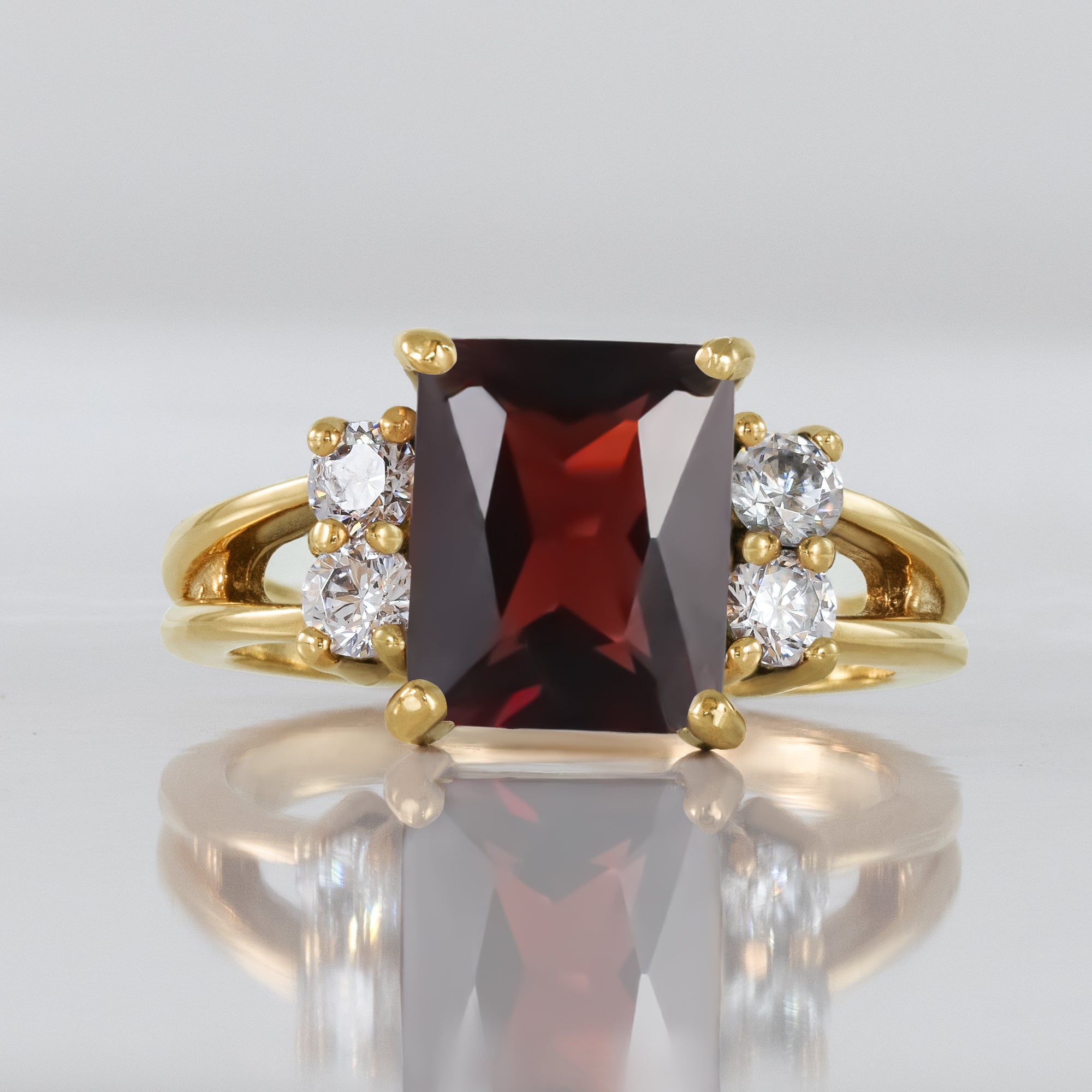 Red Garnet Ring - January Birthstone - Octagon Red Garnet Gemstone Statement Engagement Ring with Clear Quartz Accents