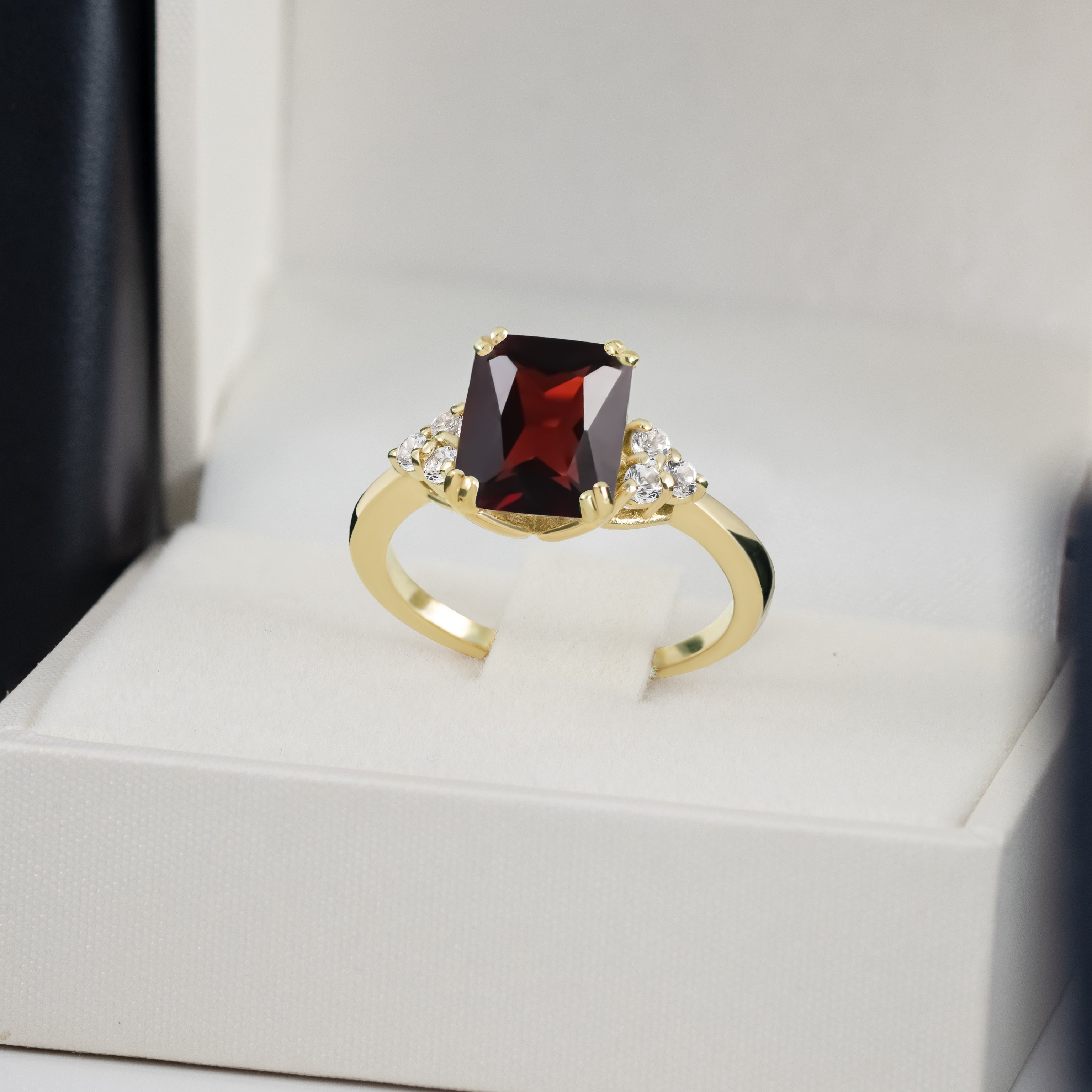 Red Garnet Ring - January Birthstone - Octagon Red Garnet Gemstone Statement Engagement Ring with Clear Quartz Accents