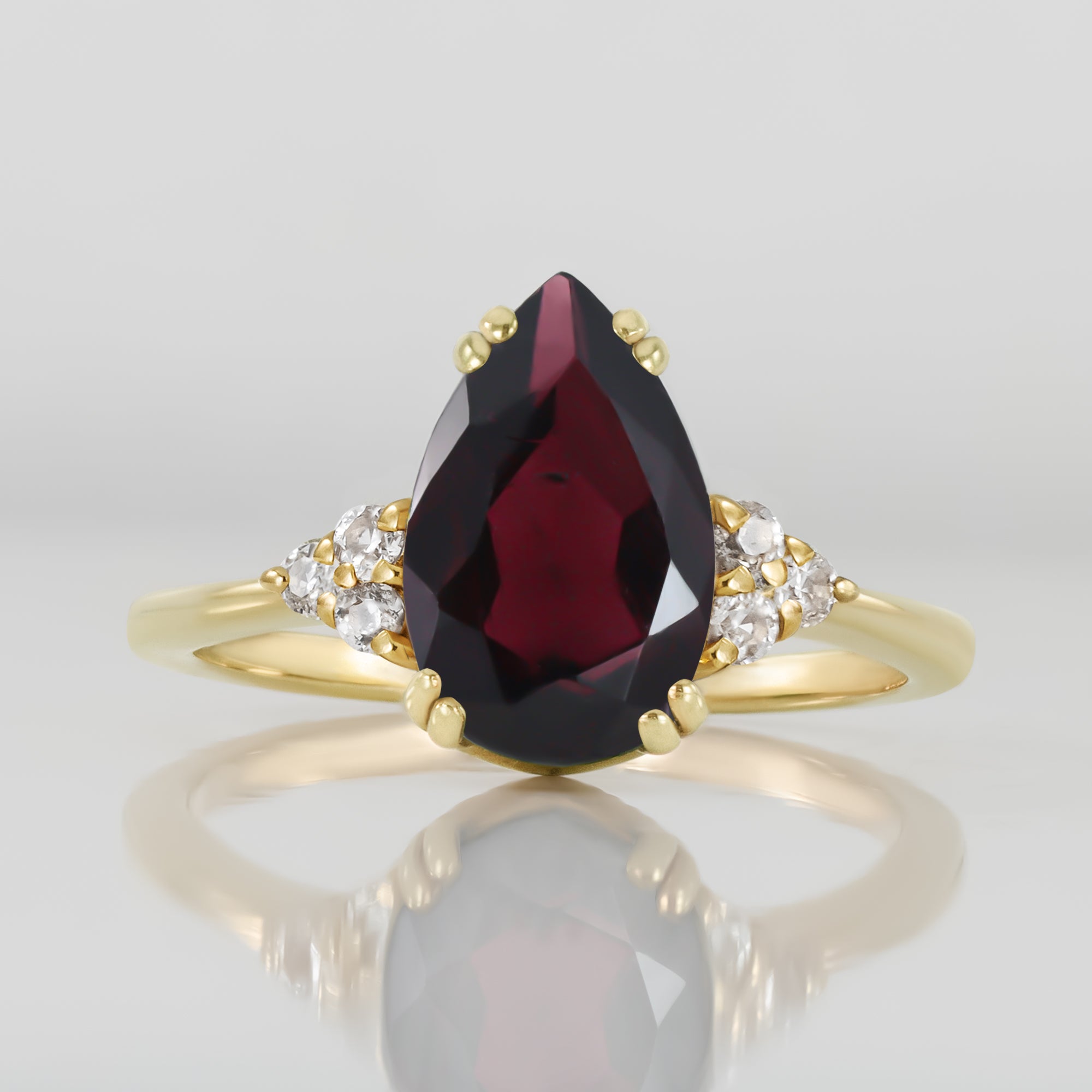 Red Garnet Ring - January Birthstone - Pear-Shaped Red Garnet Gemstone Statement Engagement Ring with Clear Quartz Accents