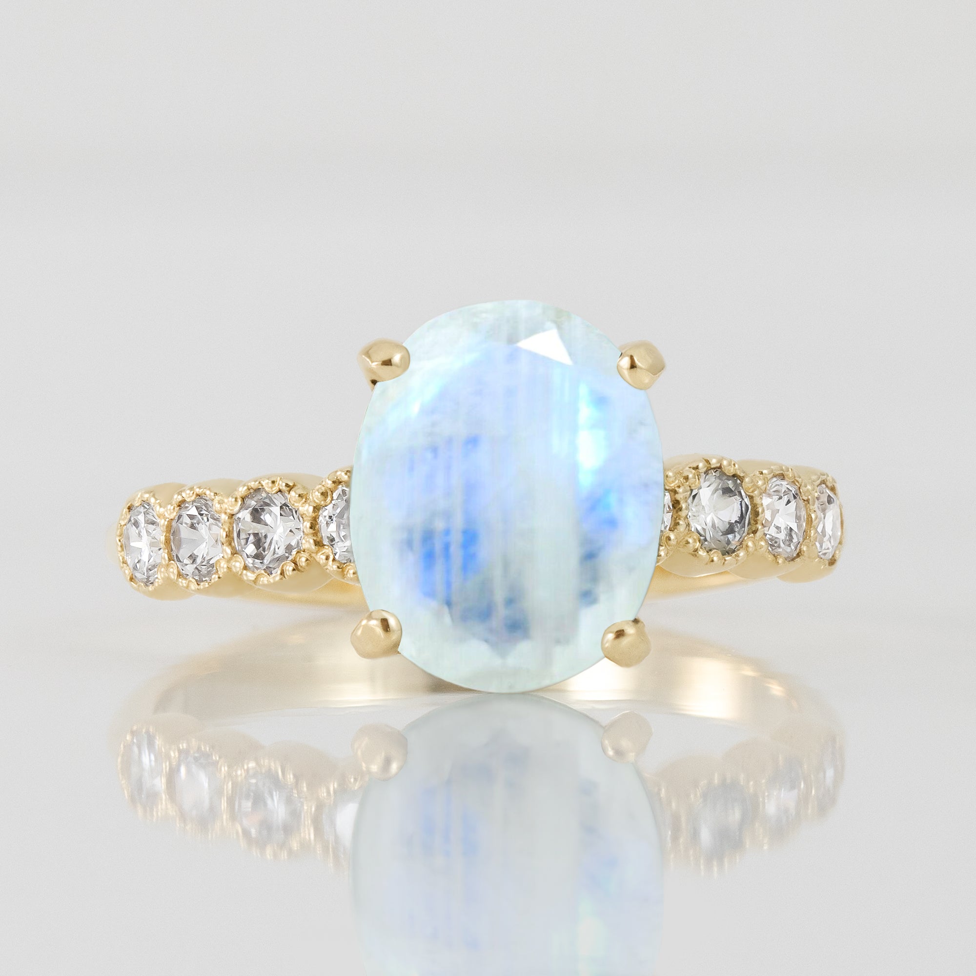 Rainbow Moonstone Ring - June Birthstone - Oval Rainbow Moonstone Statement Engagement Ring with Clear Quartz Accents