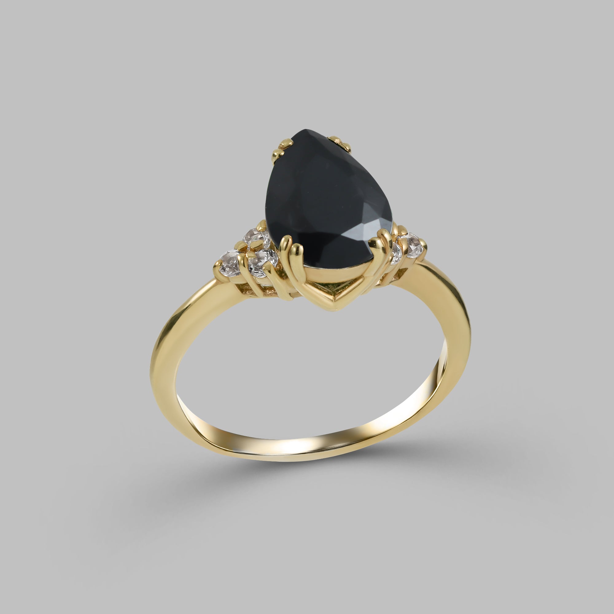 Black Onyx Ring - December Birthstone - Pear-Shaped Black Onyx Gemstone Statement Engagement Ring with Clear Quartz Accents