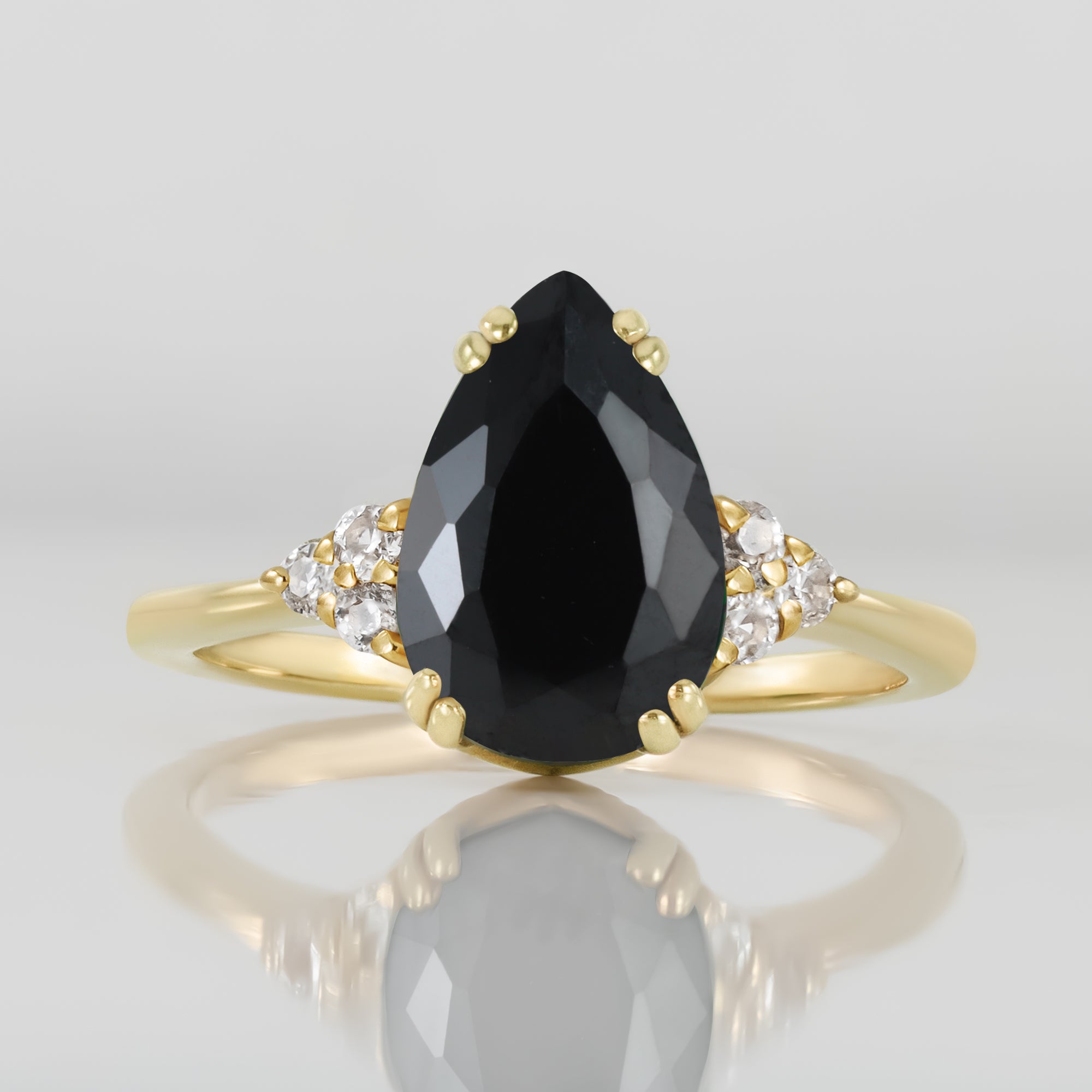 Black Onyx Ring - December Birthstone - Pear-Shaped Black Onyx Gemstone Statement Engagement Ring with Clear Quartz Accents