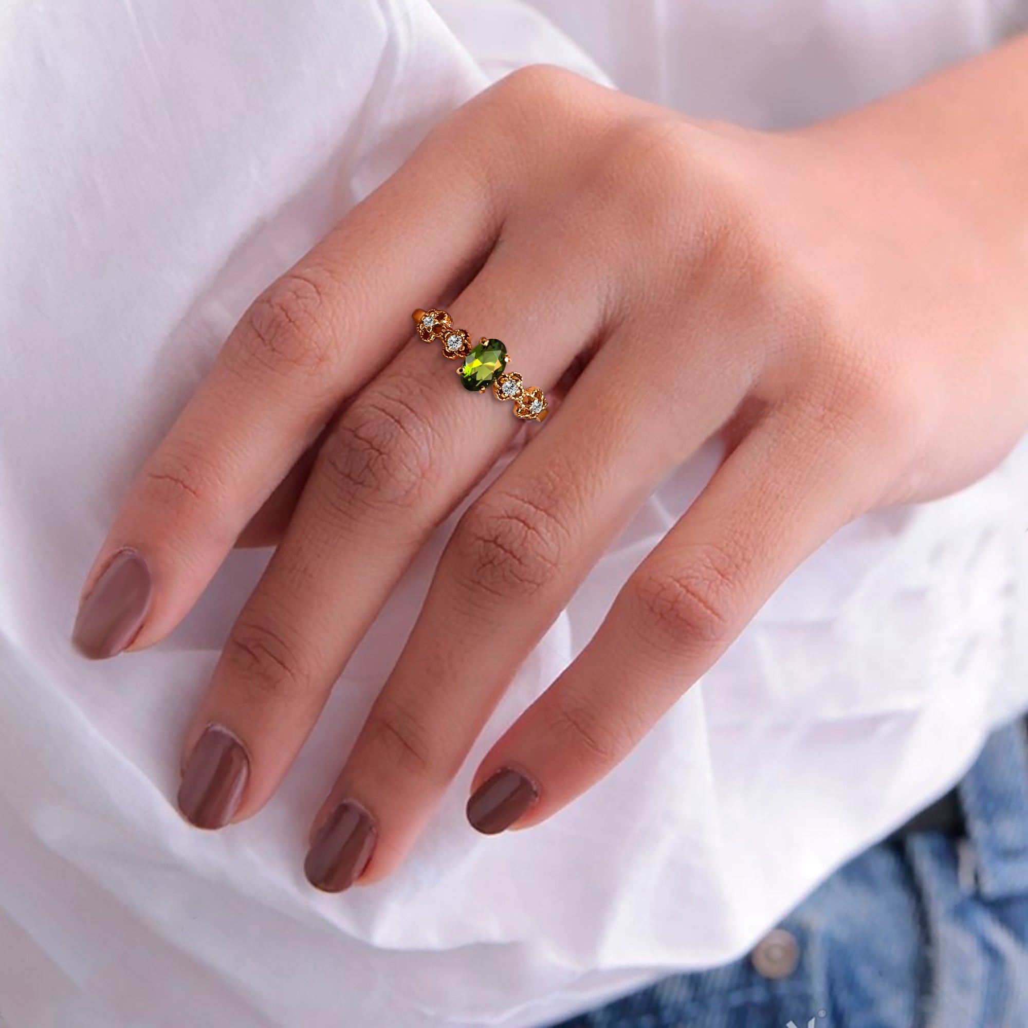 Peridot Ring - August Birthstone - Oval Peridot Gemstone Flower Setting Delicate Ring with Clear Quartz Accents