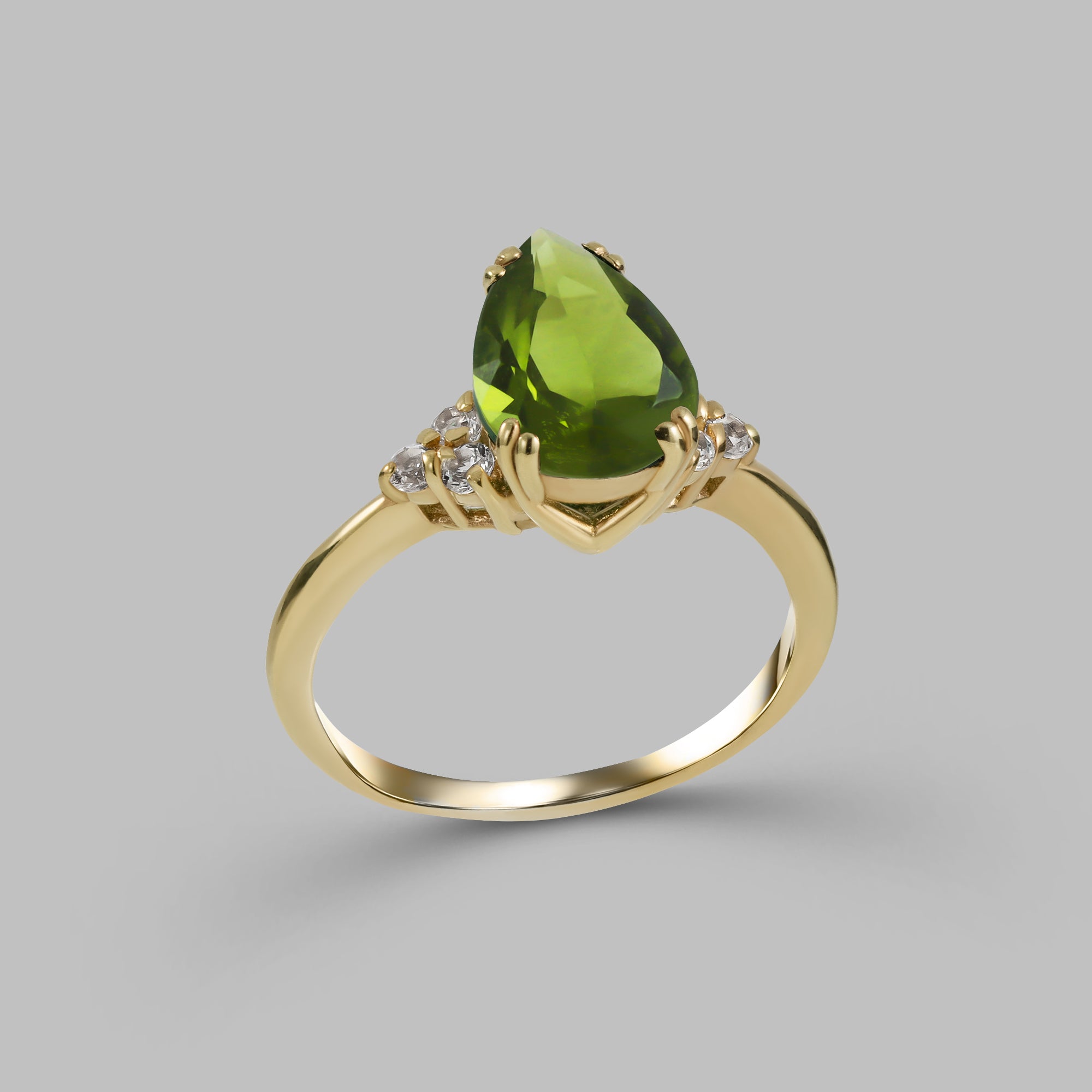 Peridot Ring - August Birthstone Jewelry - Pear-Shaped Peridot Gemstone Statement Engagement Ring with Clear Quartz Accents