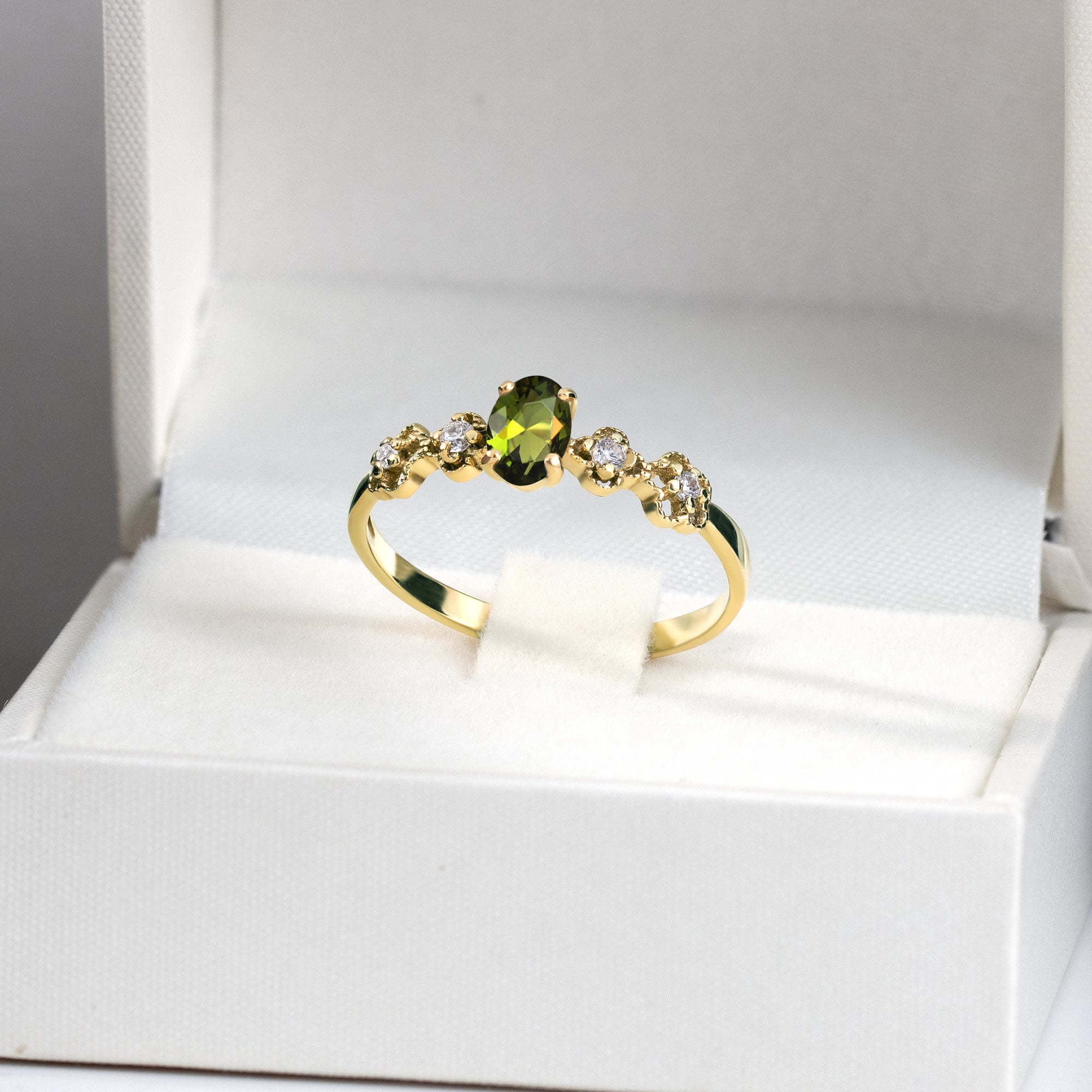 Peridot Ring - August Birthstone - Oval Peridot Gemstone Flower Setting Delicate Ring with Clear Quartz Accents