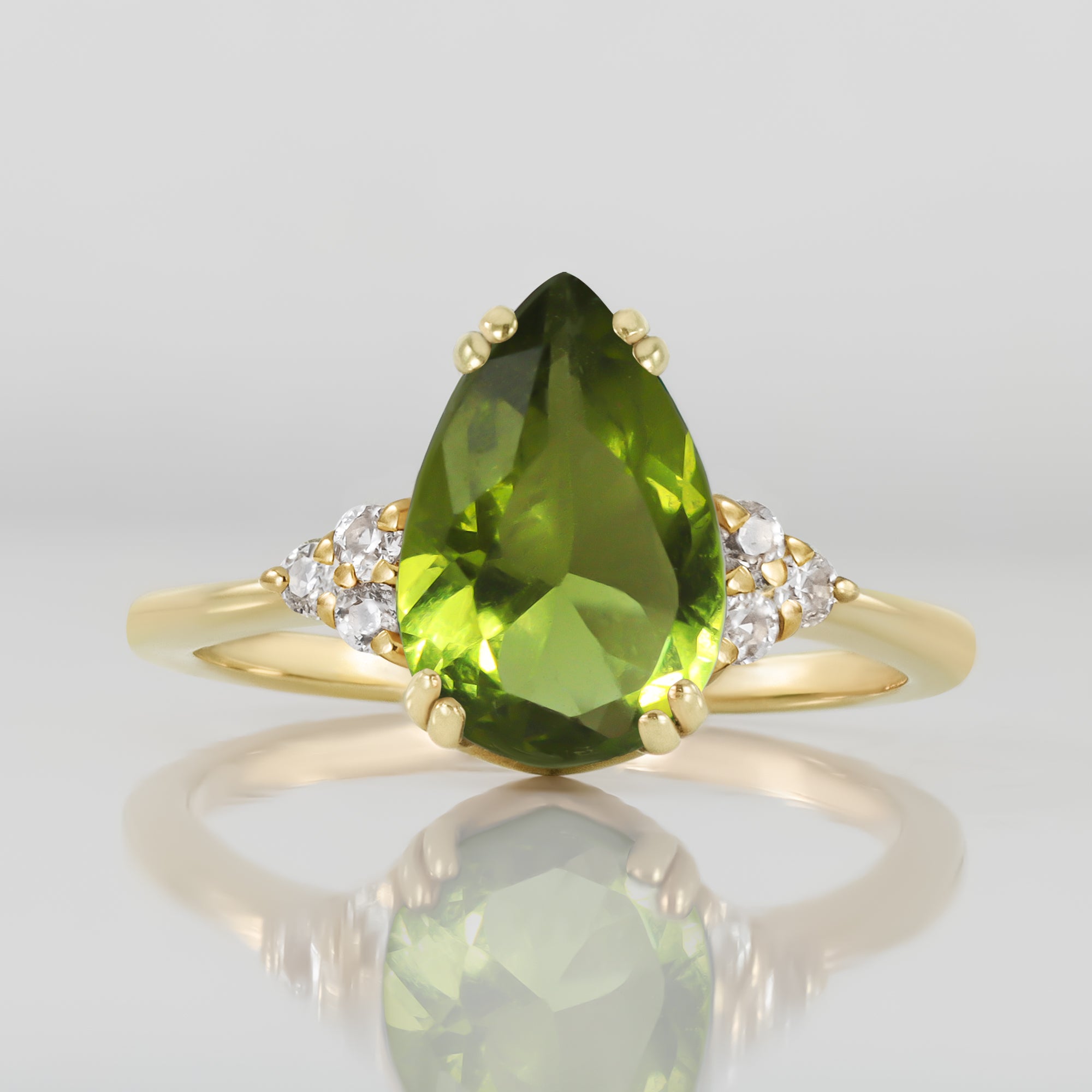 Peridot Ring - August Birthstone Jewelry - Pear-Shaped Peridot Gemstone Statement Engagement Ring with Clear Quartz Accents