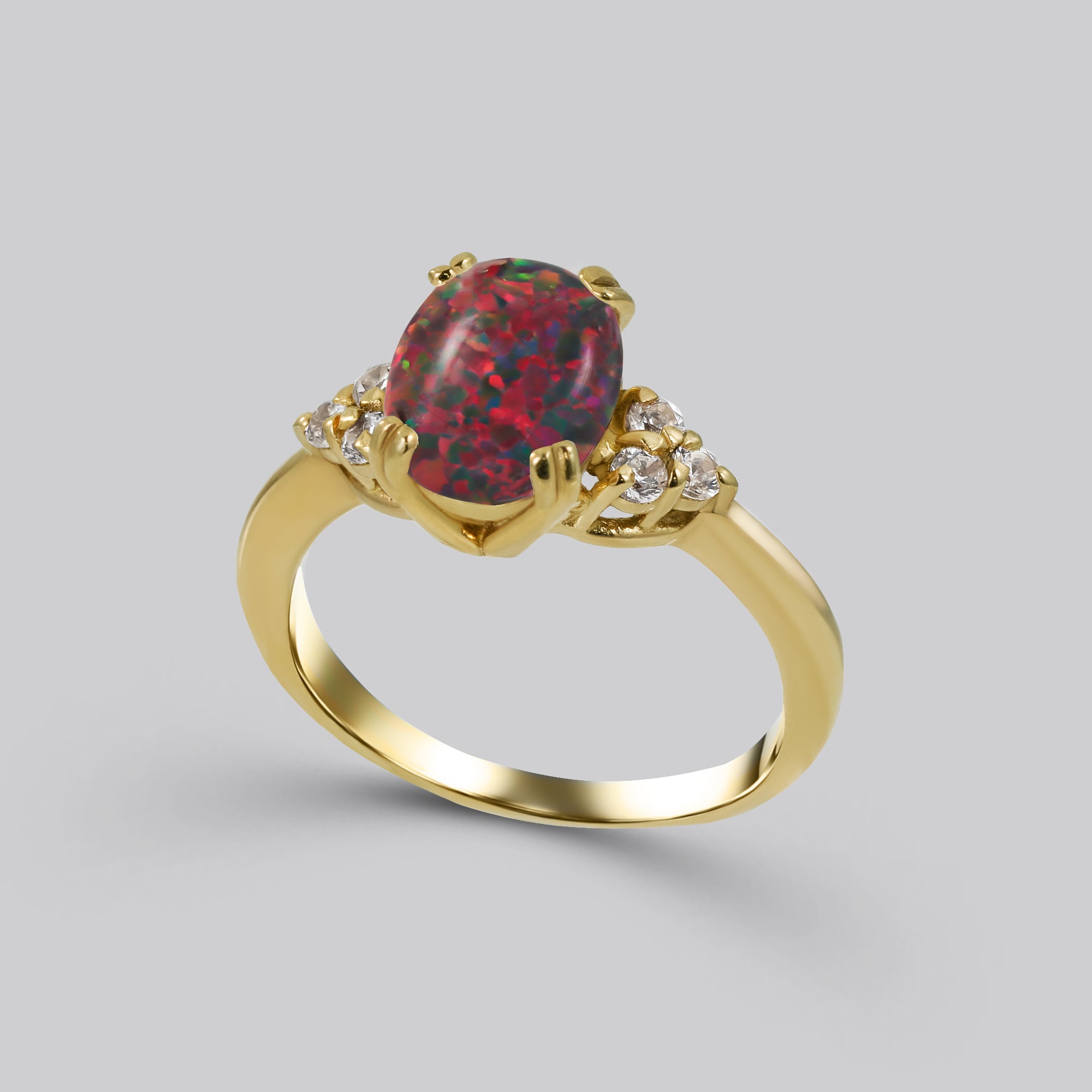 Fire Opal Ring - Oval Fire Opal Gemstone Statement Engagement Ring with Clear Quartz Accents