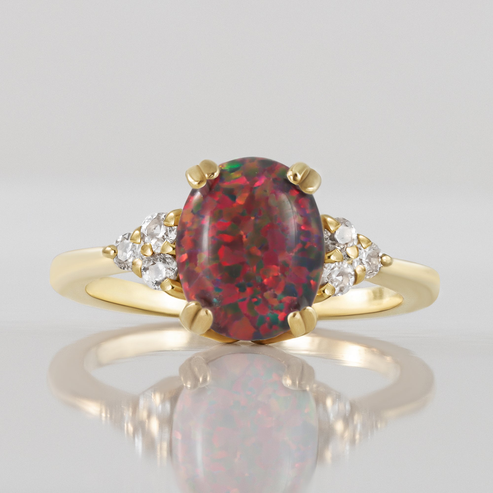 Fire Opal Ring - Oval Fire Opal Gemstone Statement Engagement Ring with Clear Quartz Accents