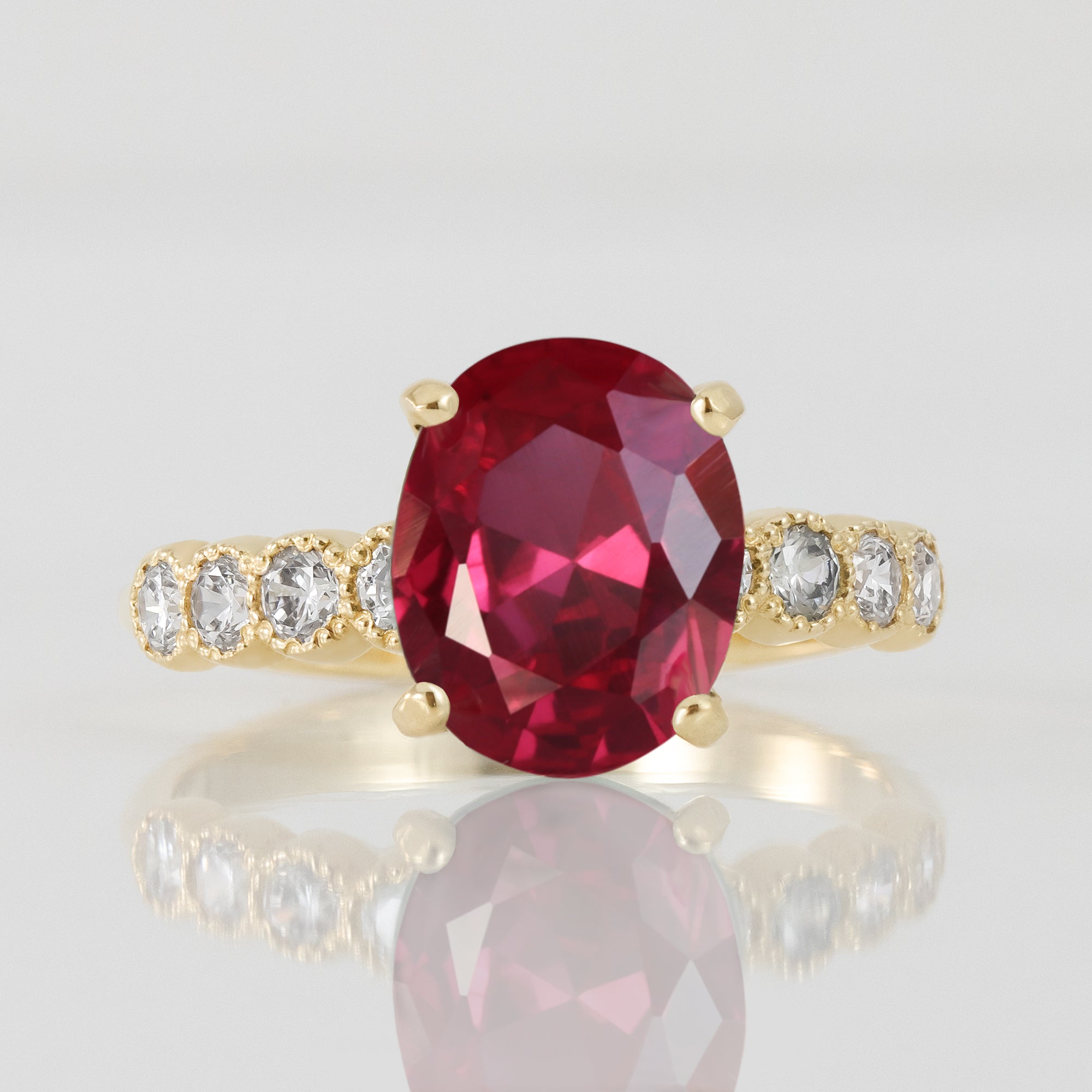 Ruby Ring - July Birthstone - Oval Ruby Gemstone Statement Engagement Ring with Clear Quartz Accents