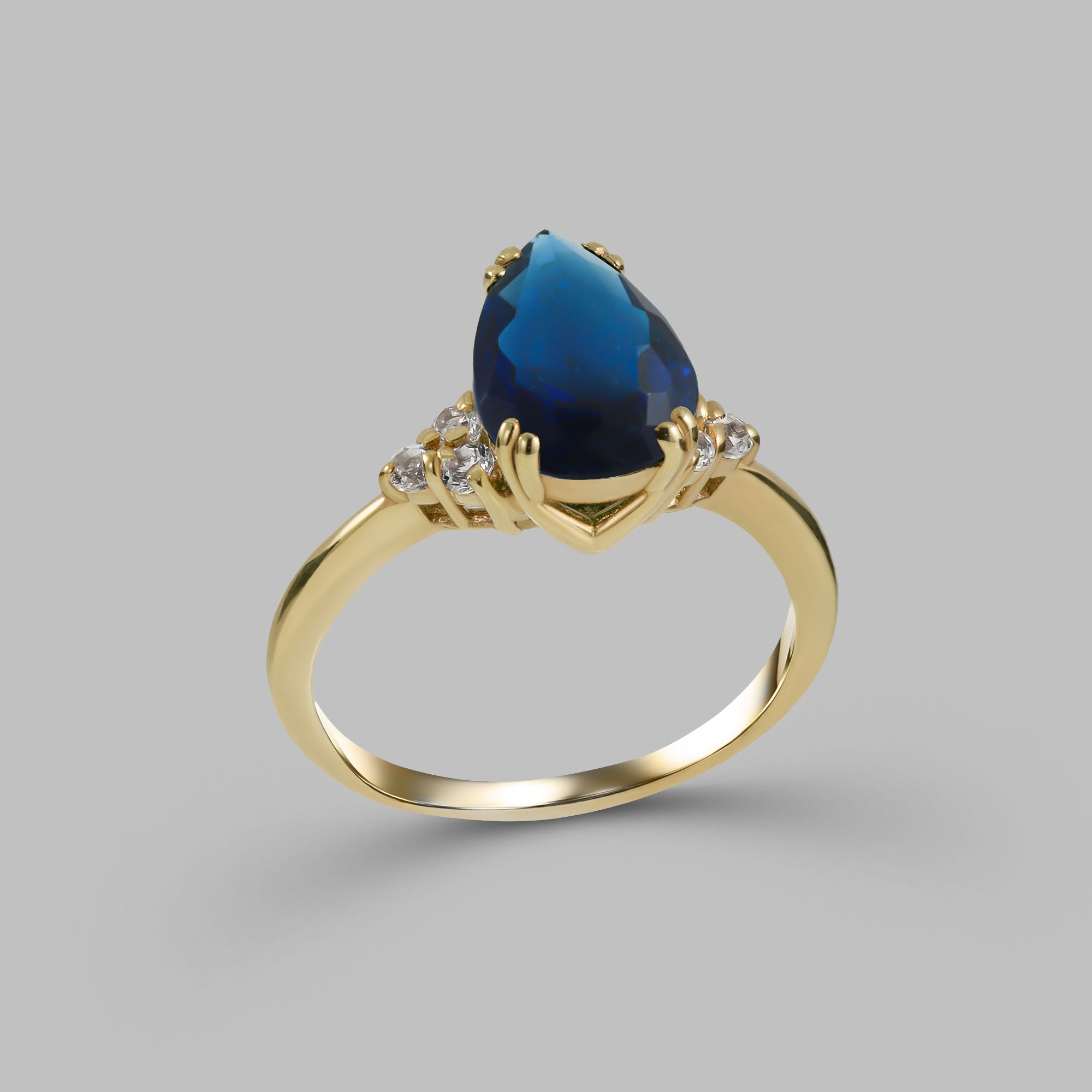 Blue Sapphire Ring - September Birthstone - Pear-Shaped Blue Sapphire Gemstone Statement Engagement Ring with Clear Quartz Accents