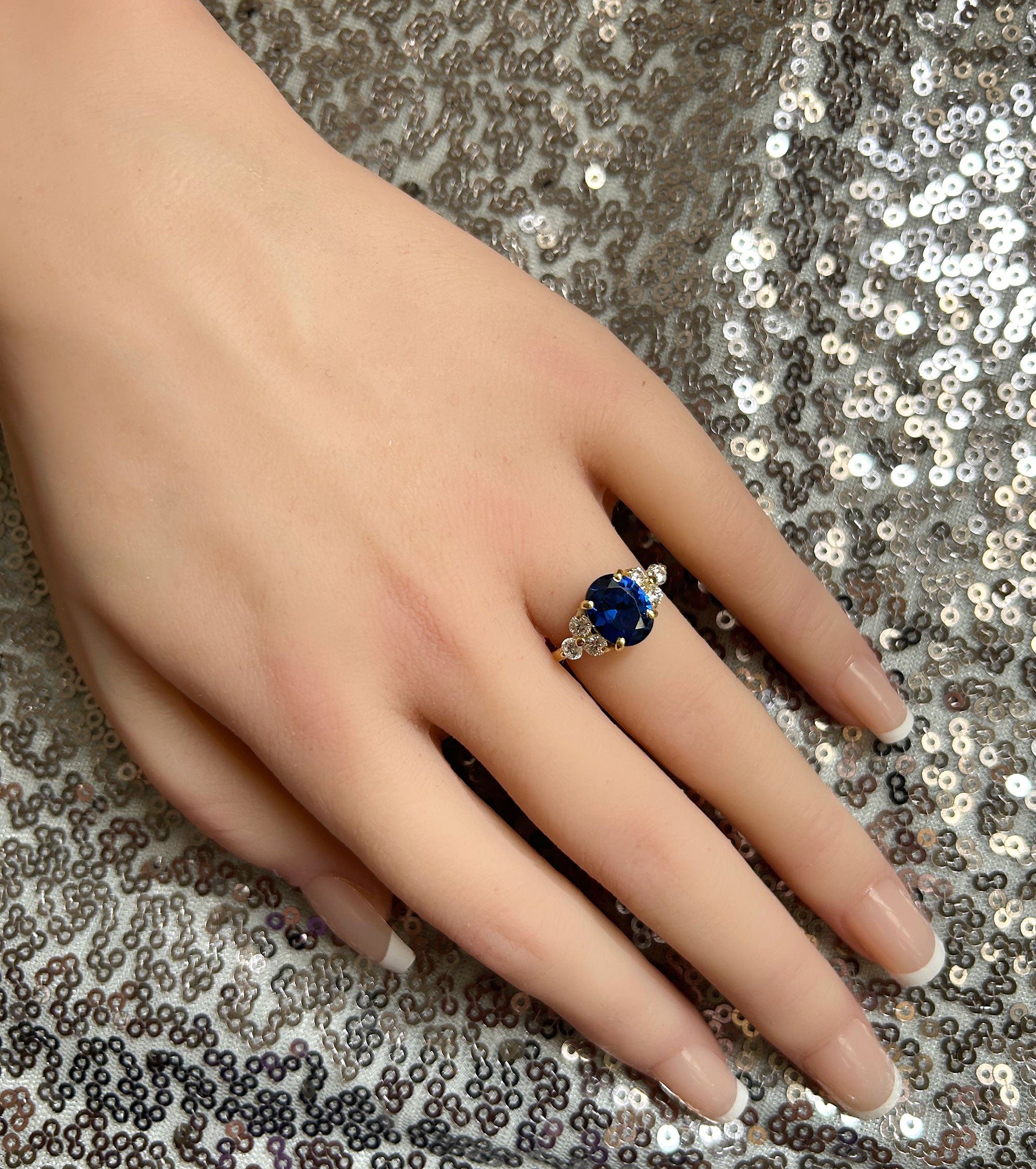 Blue Sapphire Ring - September Birthstone - Statement Engagement Ring with Oval Blue Sapphire Gemstone and Clear Quartz Accents