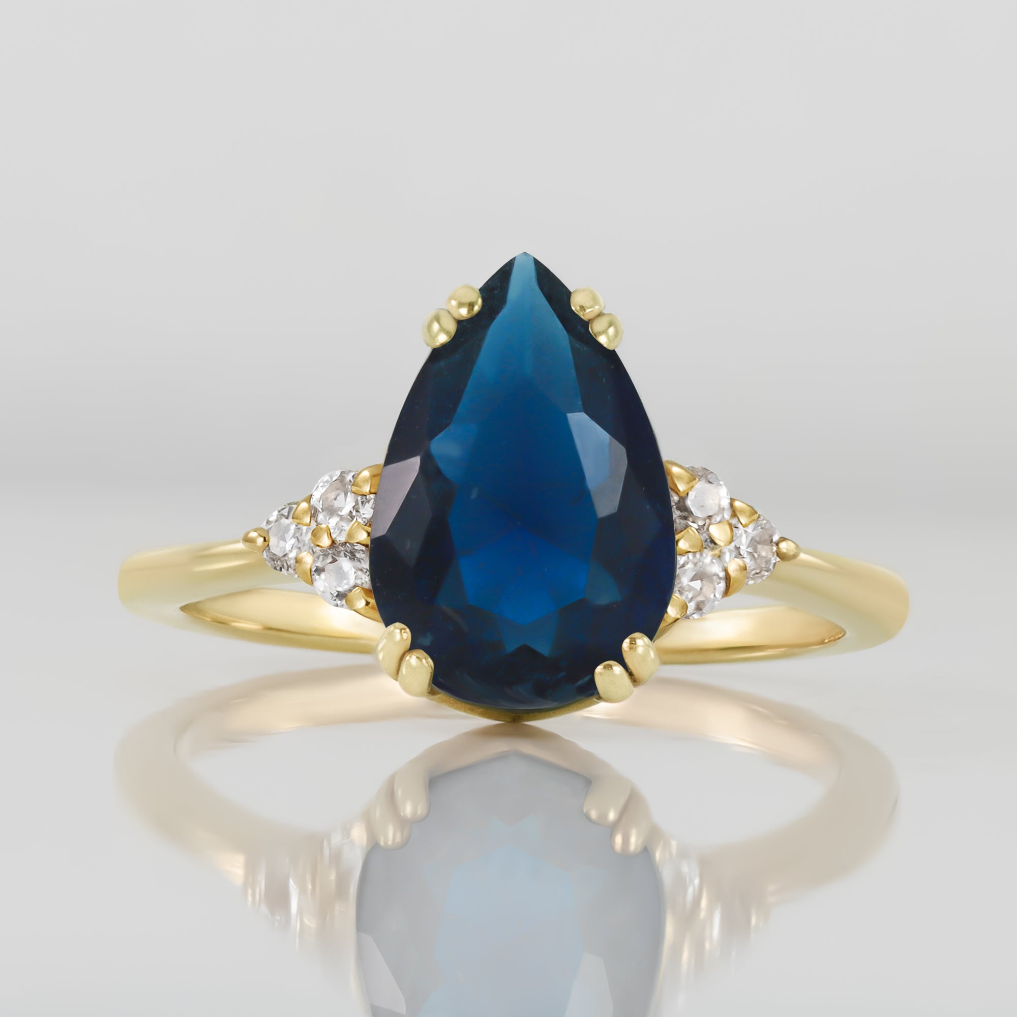 Blue Sapphire Ring - September Birthstone - Pear-Shaped Blue Sapphire Gemstone Statement Engagement Ring with Clear Quartz Accents