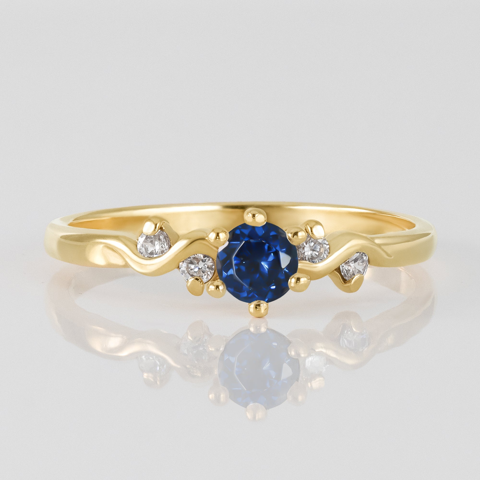 Blue Sapphire Ring - September Birthstone - Round Blue Sapphire Gemstone Delicate Ring with Clear Quartz Accents