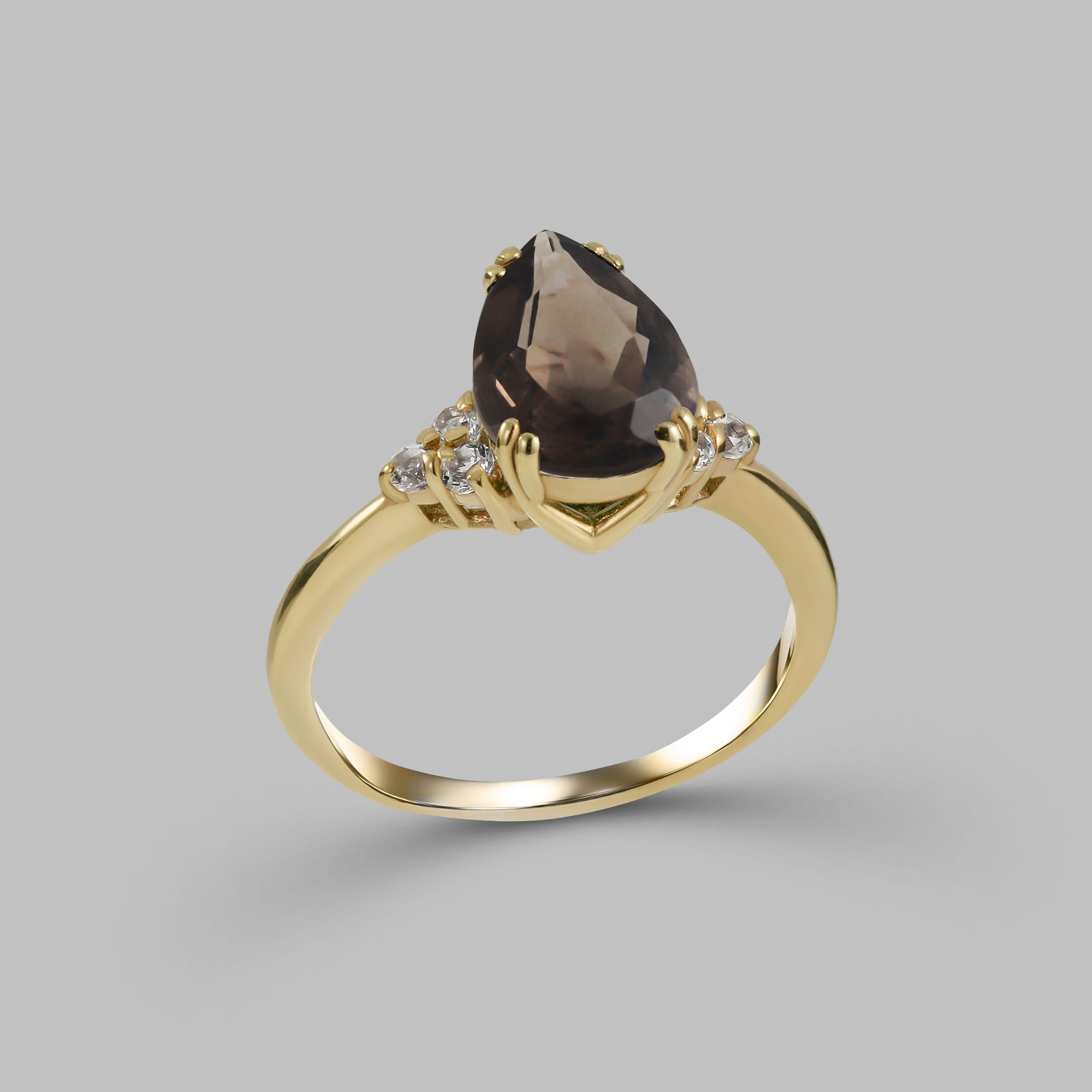 Smoky Quartz Ring - Pear-Shaped Smoky Quartz Gemstone Statement Engagement Ring with Clear Quartz Accents