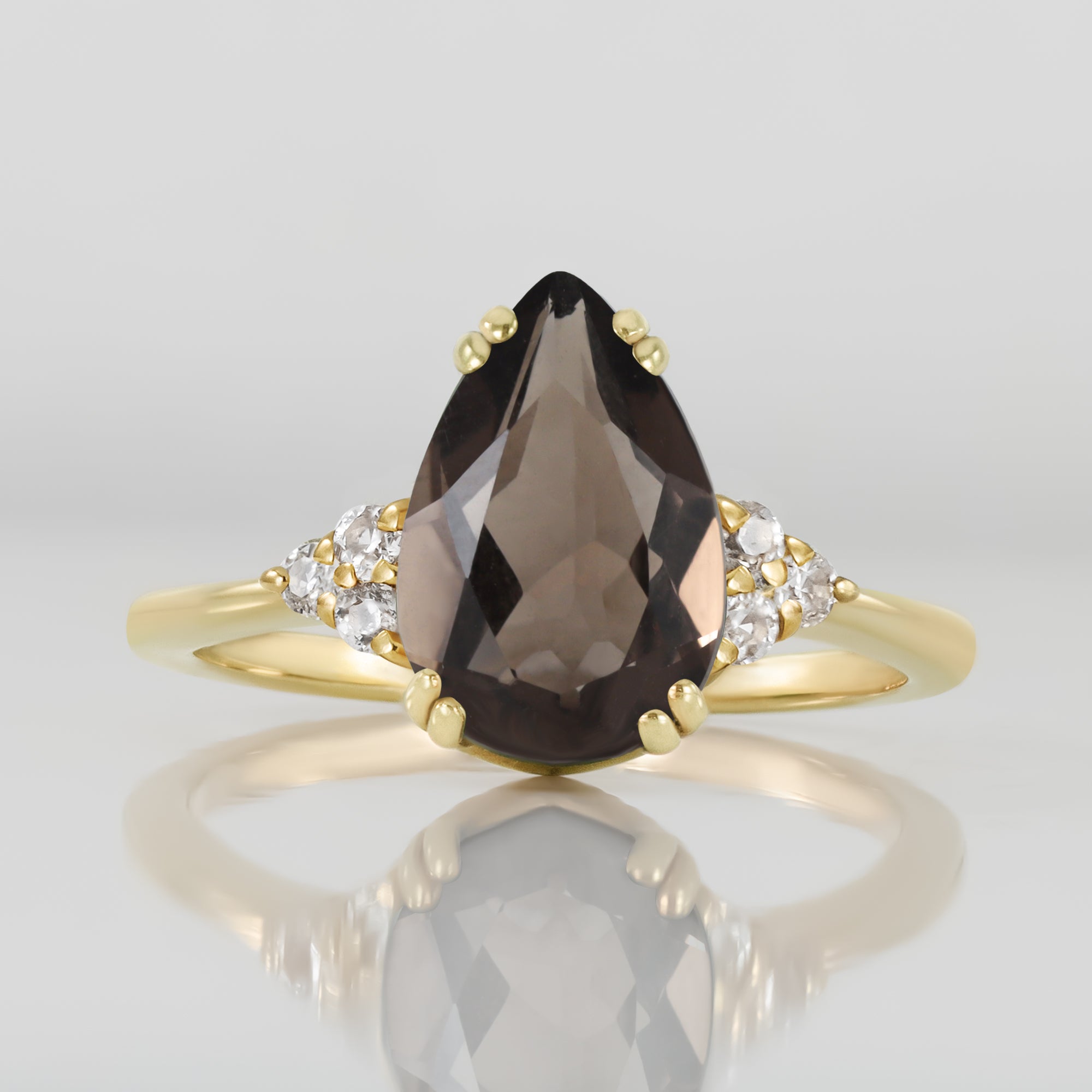 Smoky Quartz Ring - Pear-Shaped Smoky Quartz Gemstone Statement Engagement Ring with Clear Quartz Accents