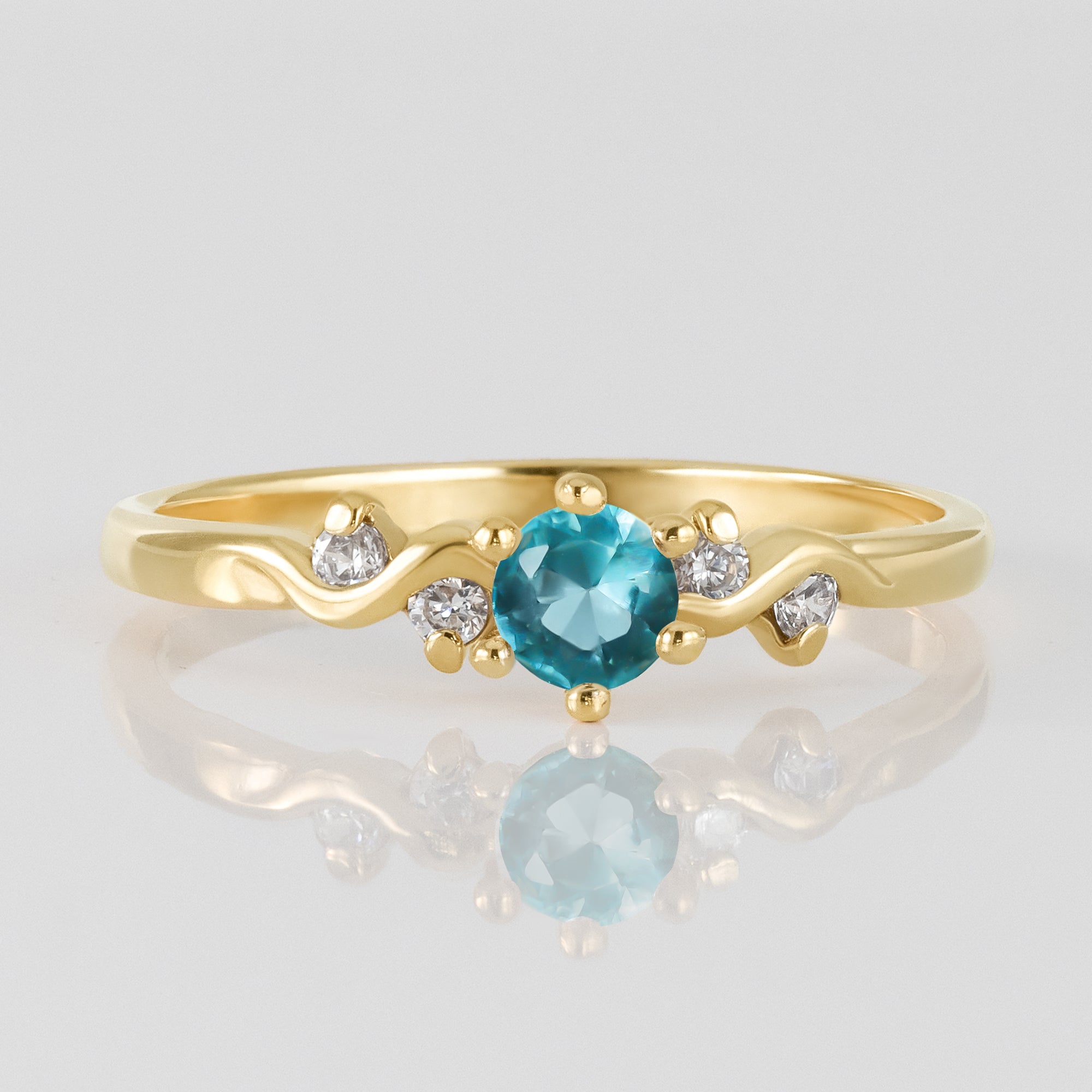 Blue Topaz Ring - December Birthstone - Round Blue Topaz Gemstone Delicate Ring with Clear Quartz Accents