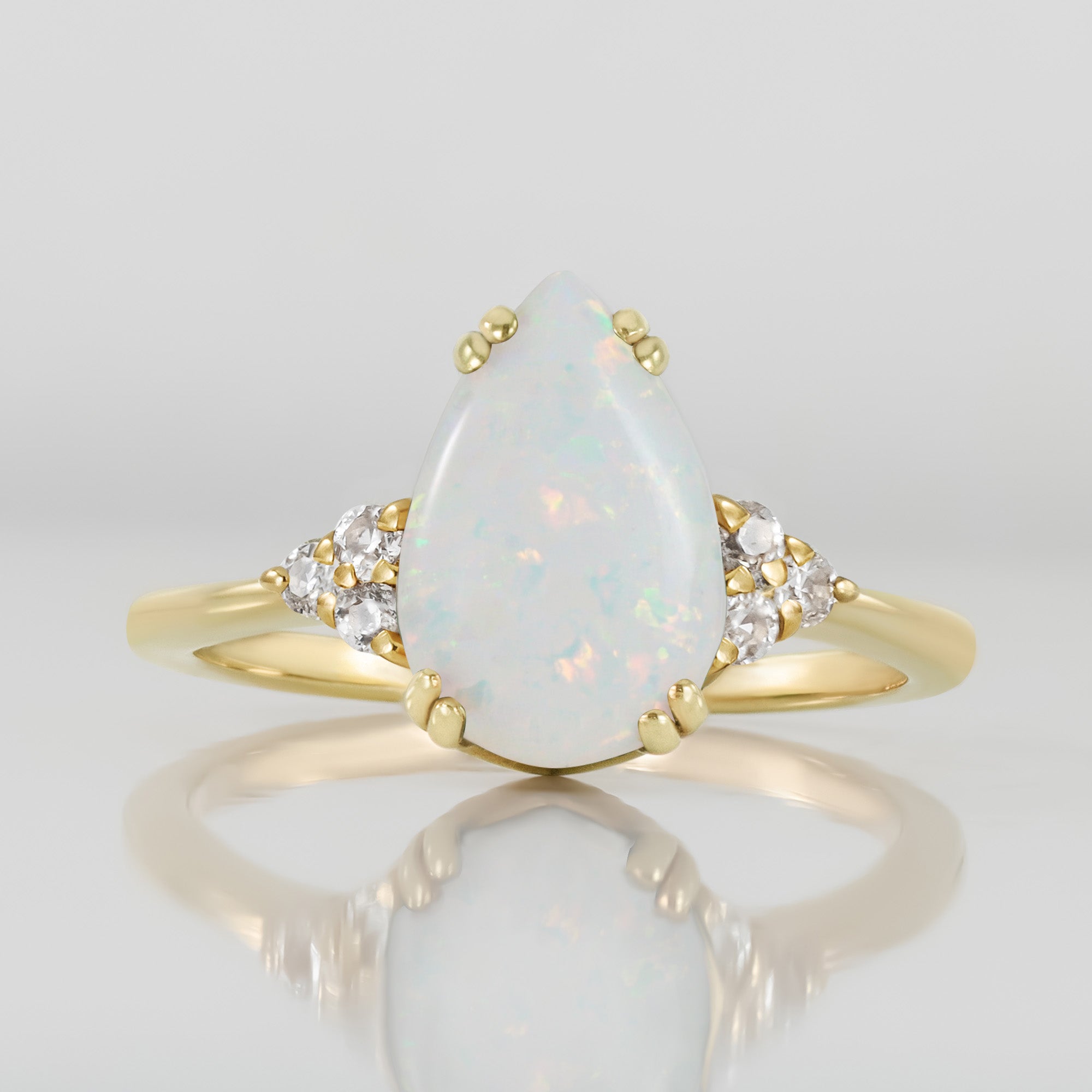 White Opal Ring - Pear-Shaped White Opal Gemstone Statement Engagement Ring with Clear Quartz Accents