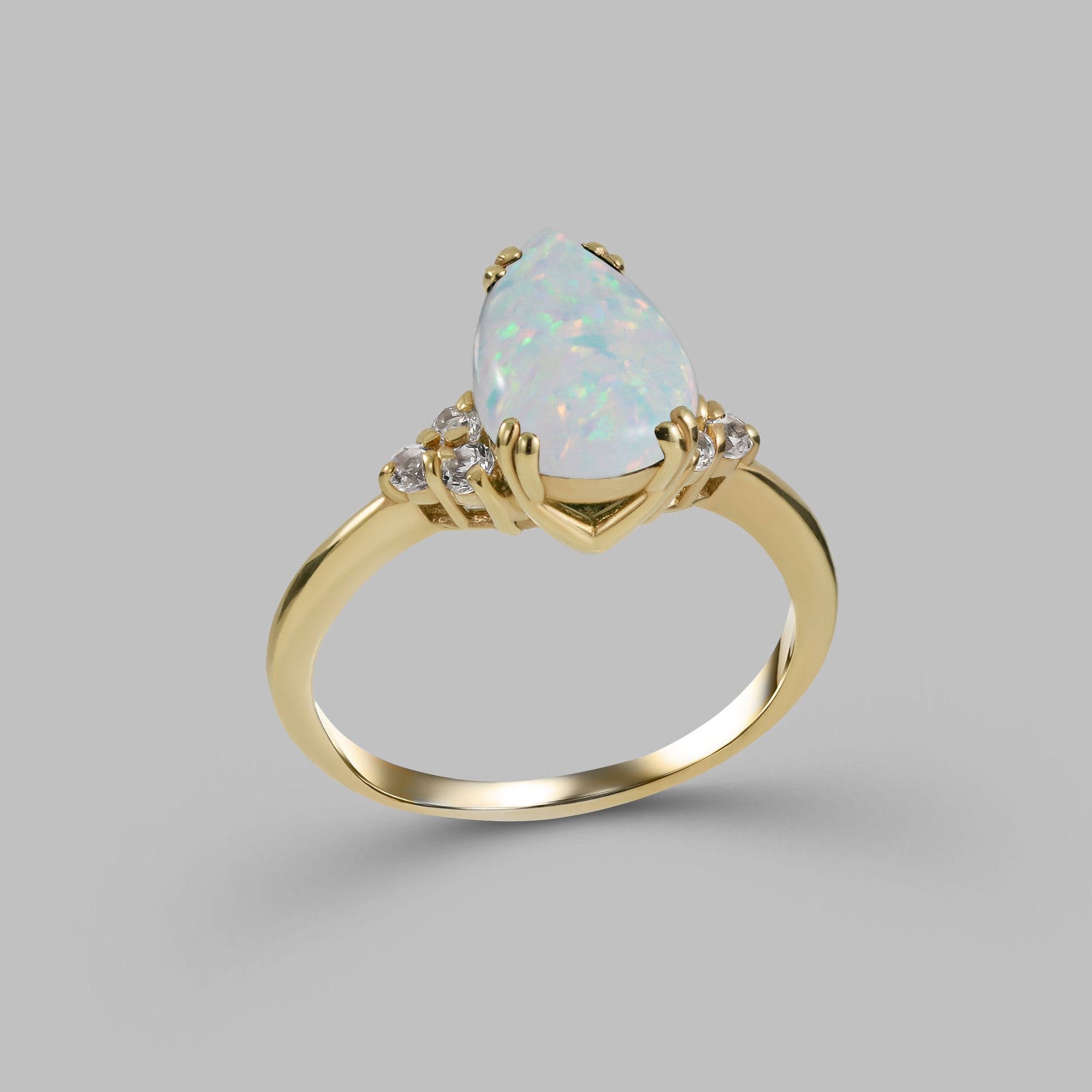 White Opal Ring - Pear-Shaped White Opal Gemstone Statement Engagement Ring with Clear Quartz Accents