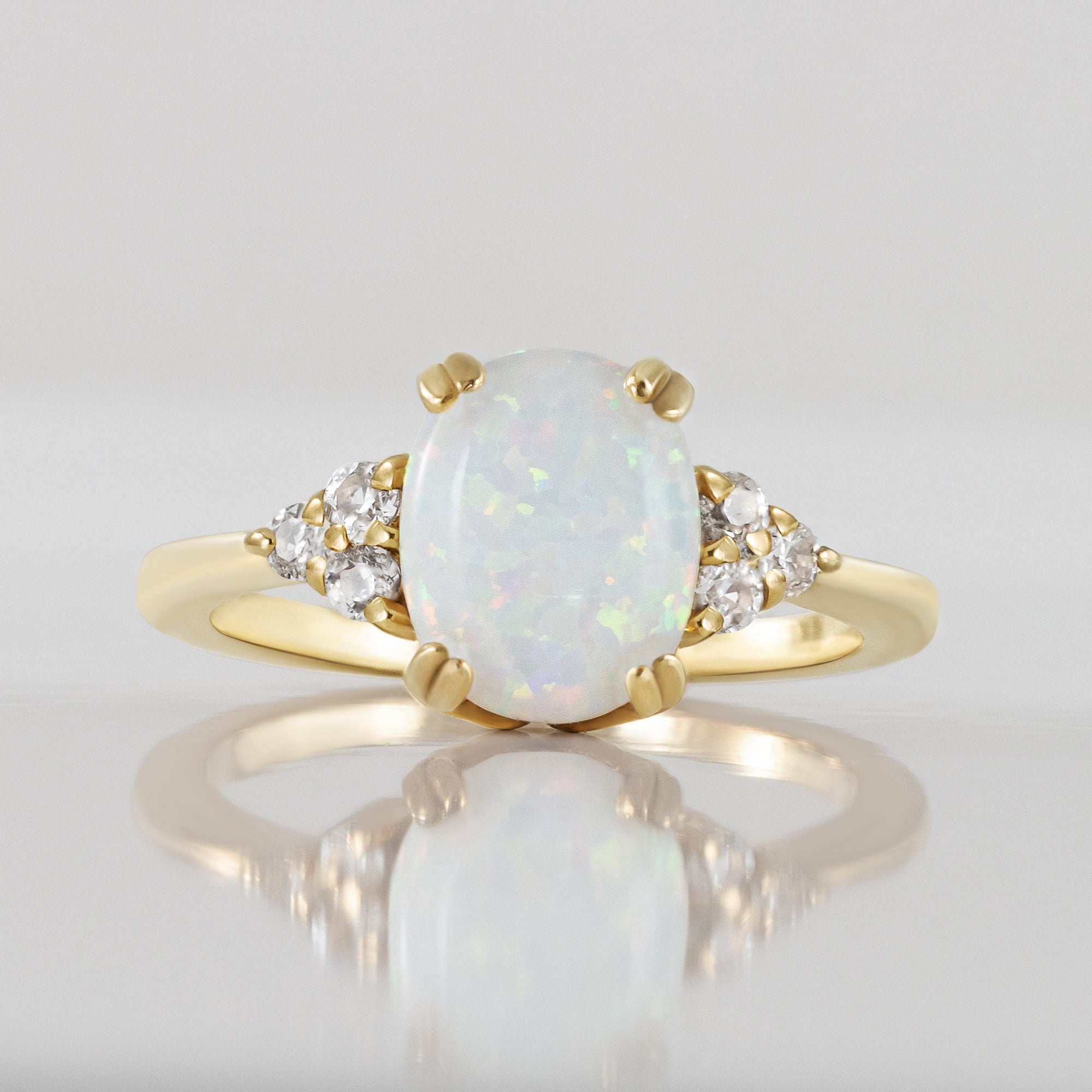 White Opal Ring - Oval White Opal Gemstone Statement Engagement Ring with Clear Quartz Accents