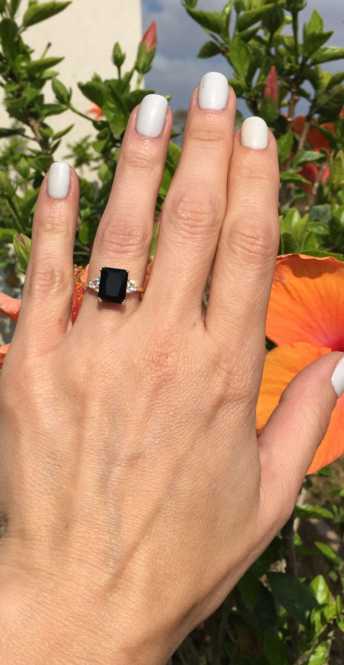 Black Onyx Ring - December Birthstone - Octagon Black Onyx Gemstone Statement Engagement Ring with Clear Quartz Accents