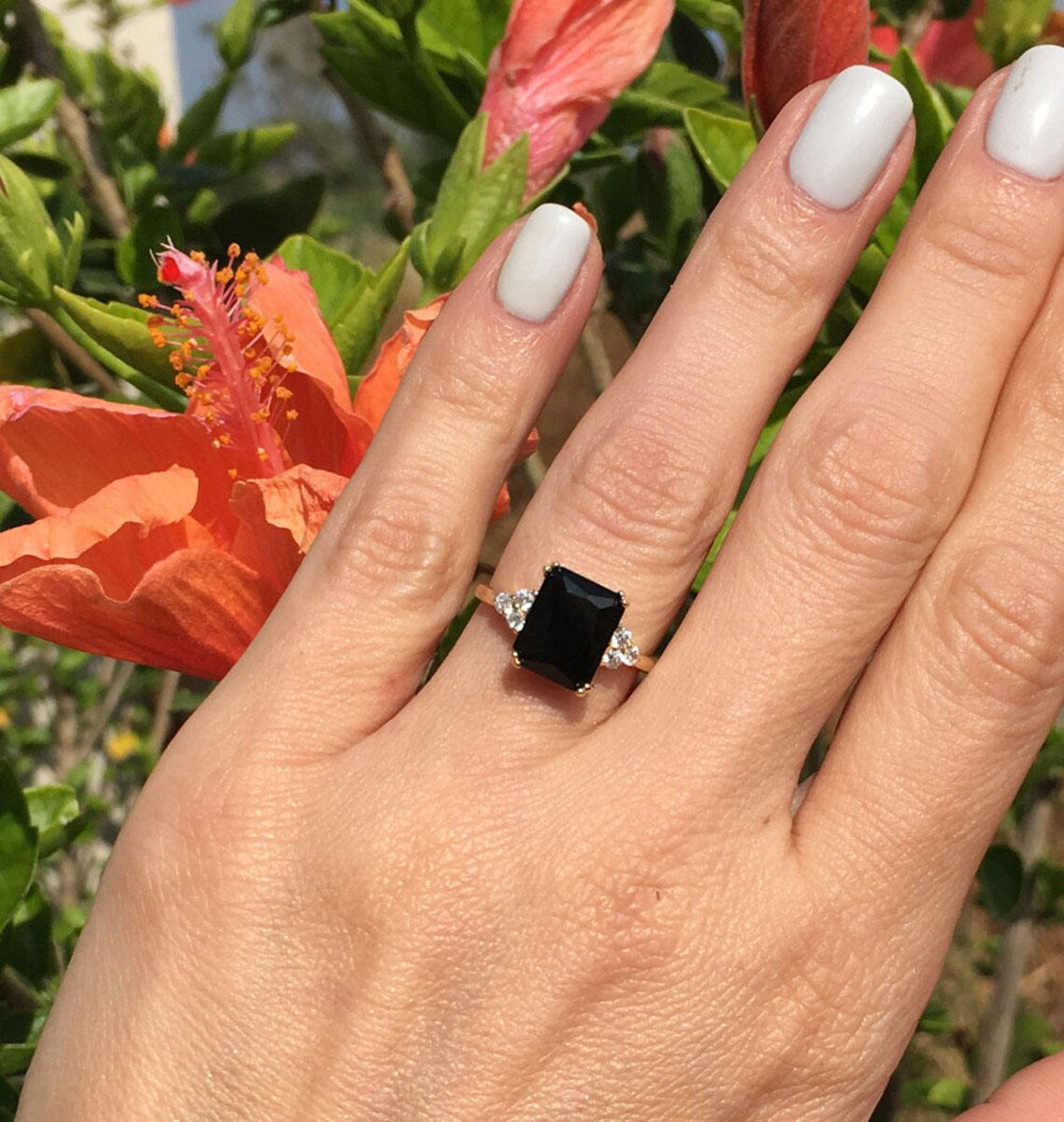 Black Onyx Ring - December Birthstone - Octagon Black Onyx Gemstone Statement Engagement Ring with Clear Quartz Accents