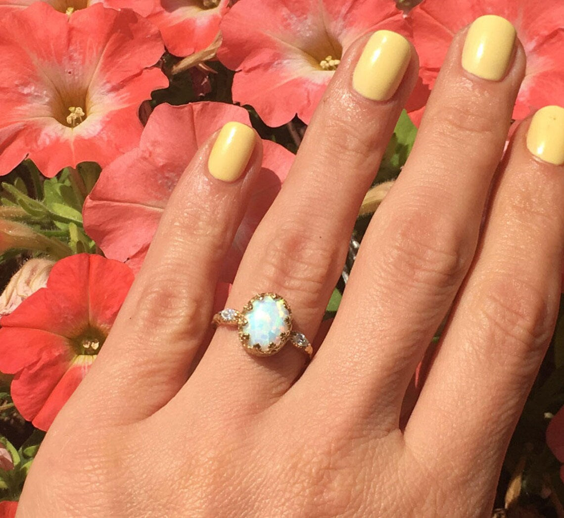 White Opal Ring - White Opal Gemstone Statement Oval Vintage Crown Ring