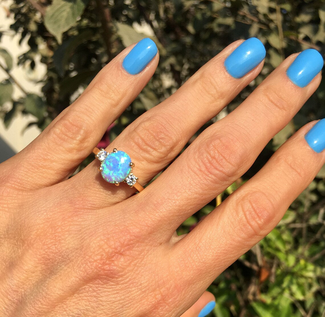 Blue Opal Ring - October Birthstone - Statement Engagement Ring with Oval Blue Opal Gemstone and Clear Quartz Accents