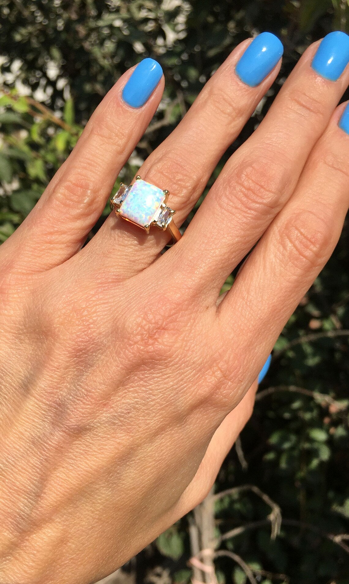 White Opal Ring - Statement Engagement Ring with Octagon White Opal Gemstone and Clear Quartz Accents