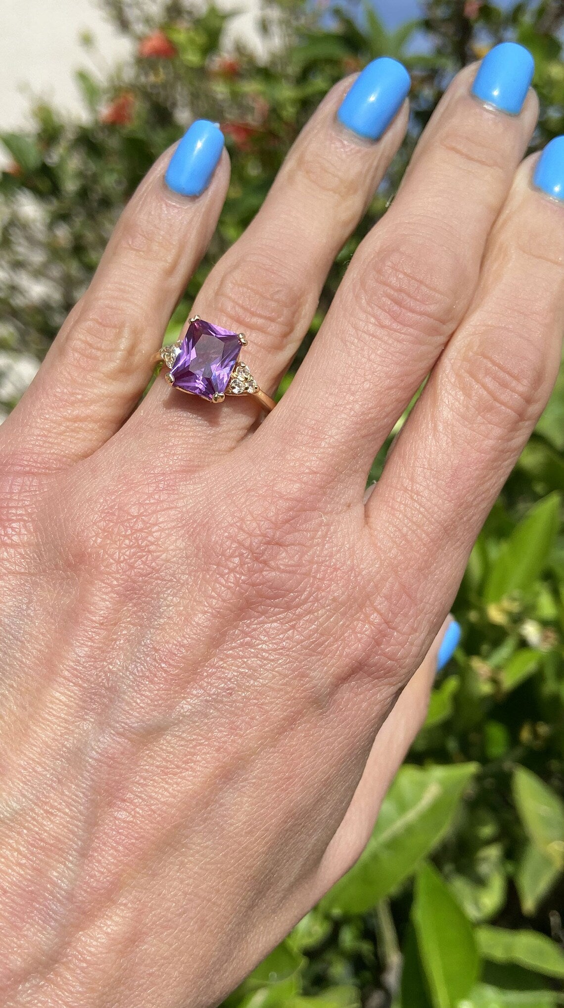 Alexandrite Ring - June Birthstone - Octagon Alexandrite Gemstone Statement Engagement Ring with Clear Quartz Accents