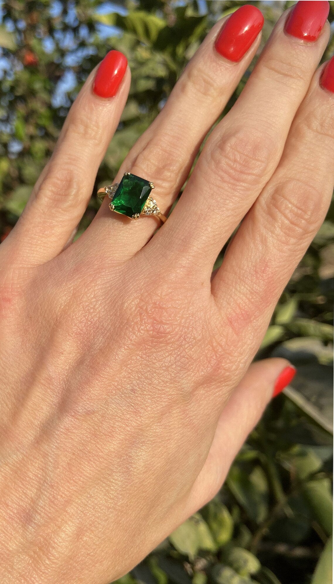 Emerald Ring - May Birthstone - Octagon Emerald Gemstone Statement Engagement Ring with Clear Quartz Accents