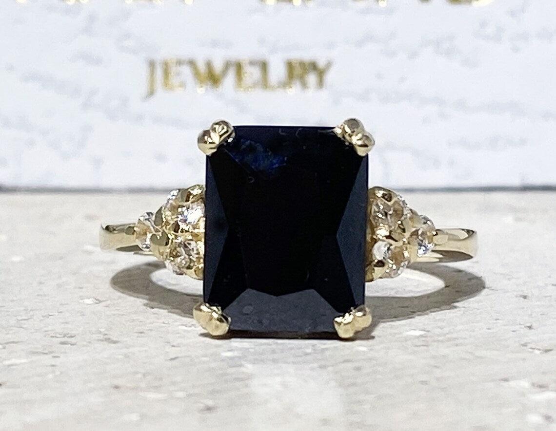 Black Onyx Ring - December Birthstone - Octagon Black Onyx Gemstone Statement Engagement Ring with Clear Quartz Accents